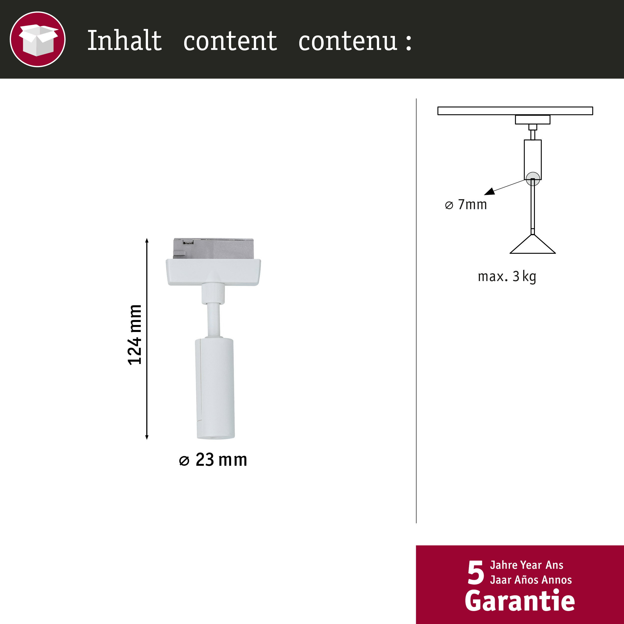 Technische Zeichnung einer weißen Halterung mit Maßen und Traglast.