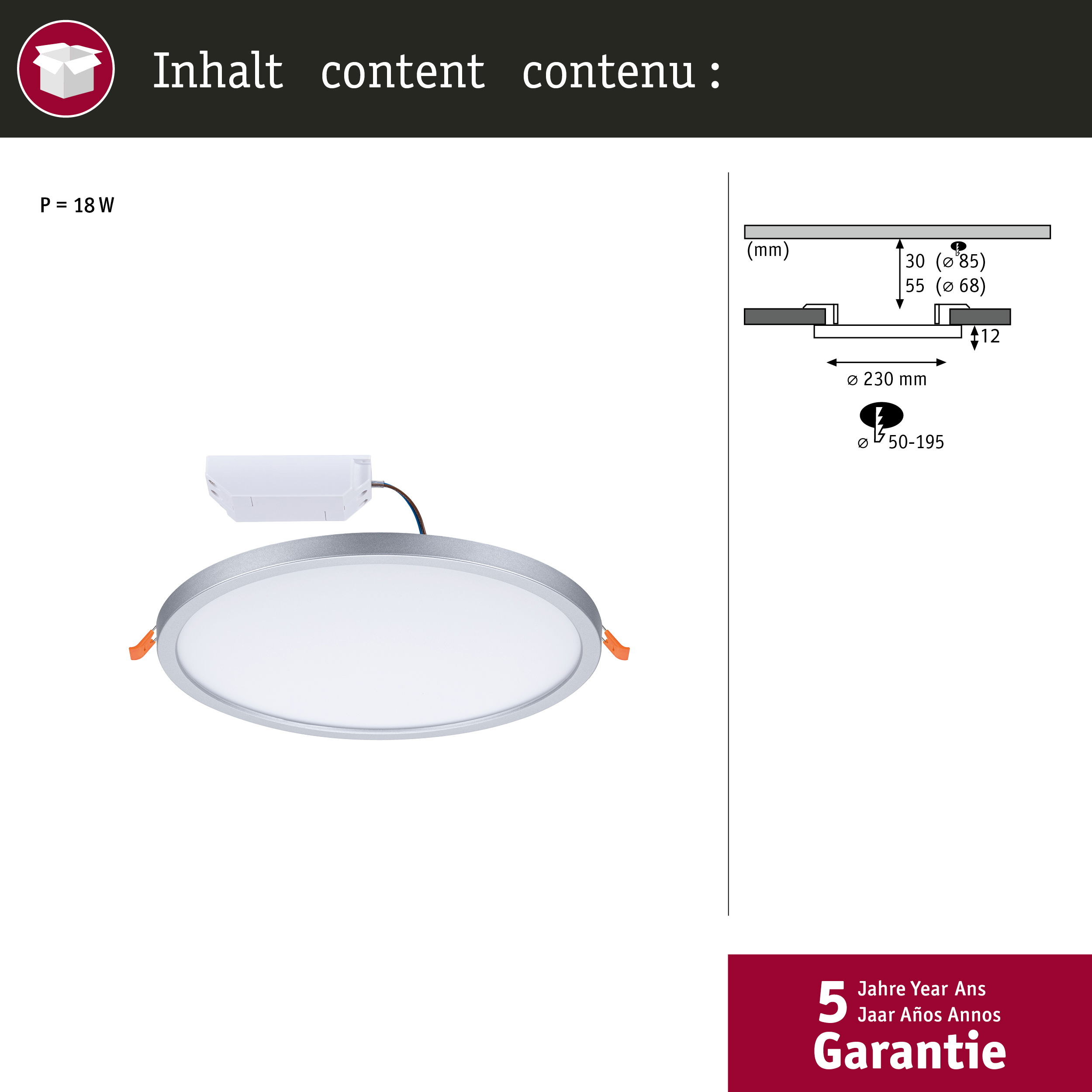 Flache LED-Leuchte mit silbernem Rahmen, 18W, mit technischen Maßen.