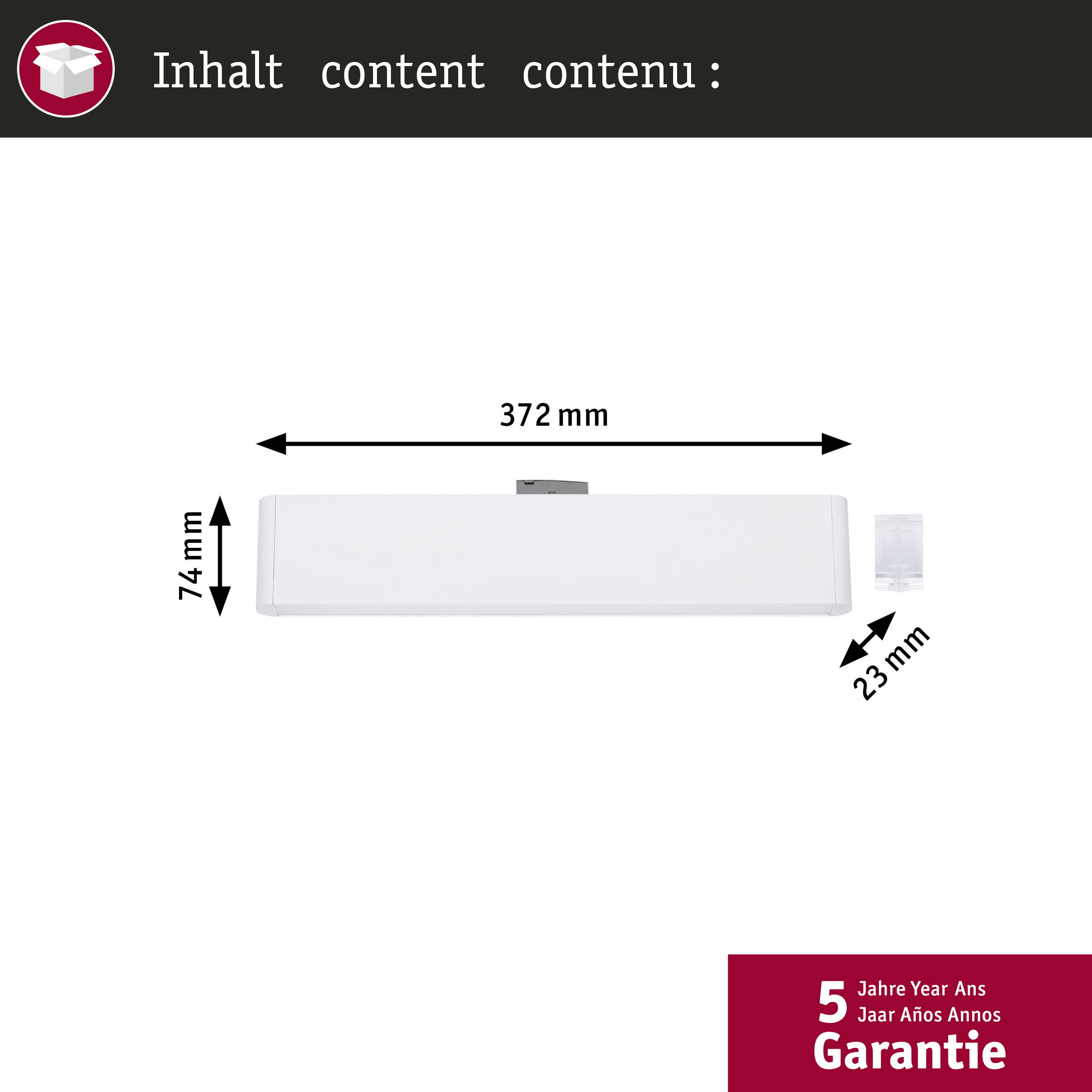 Biała listwa o wymiarach 372x74x23mm i 5-letniej gwarancji.
