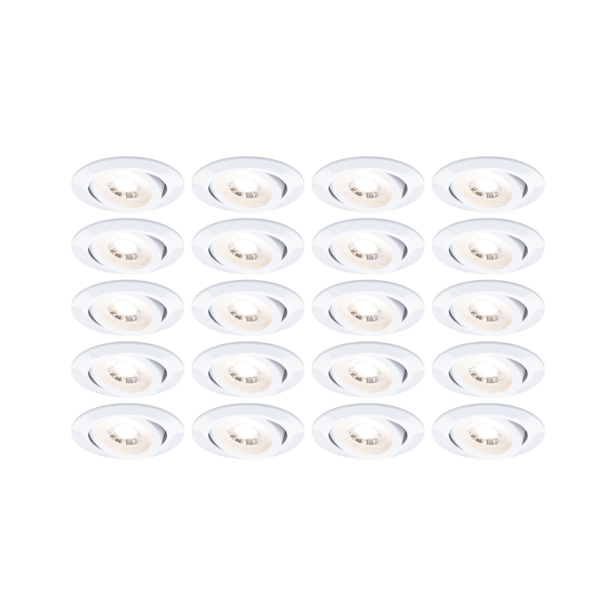 Dwadzieścia białych lamp wpuszczanych z jasnymi żarówkami ułożonych w 4 rzędach.