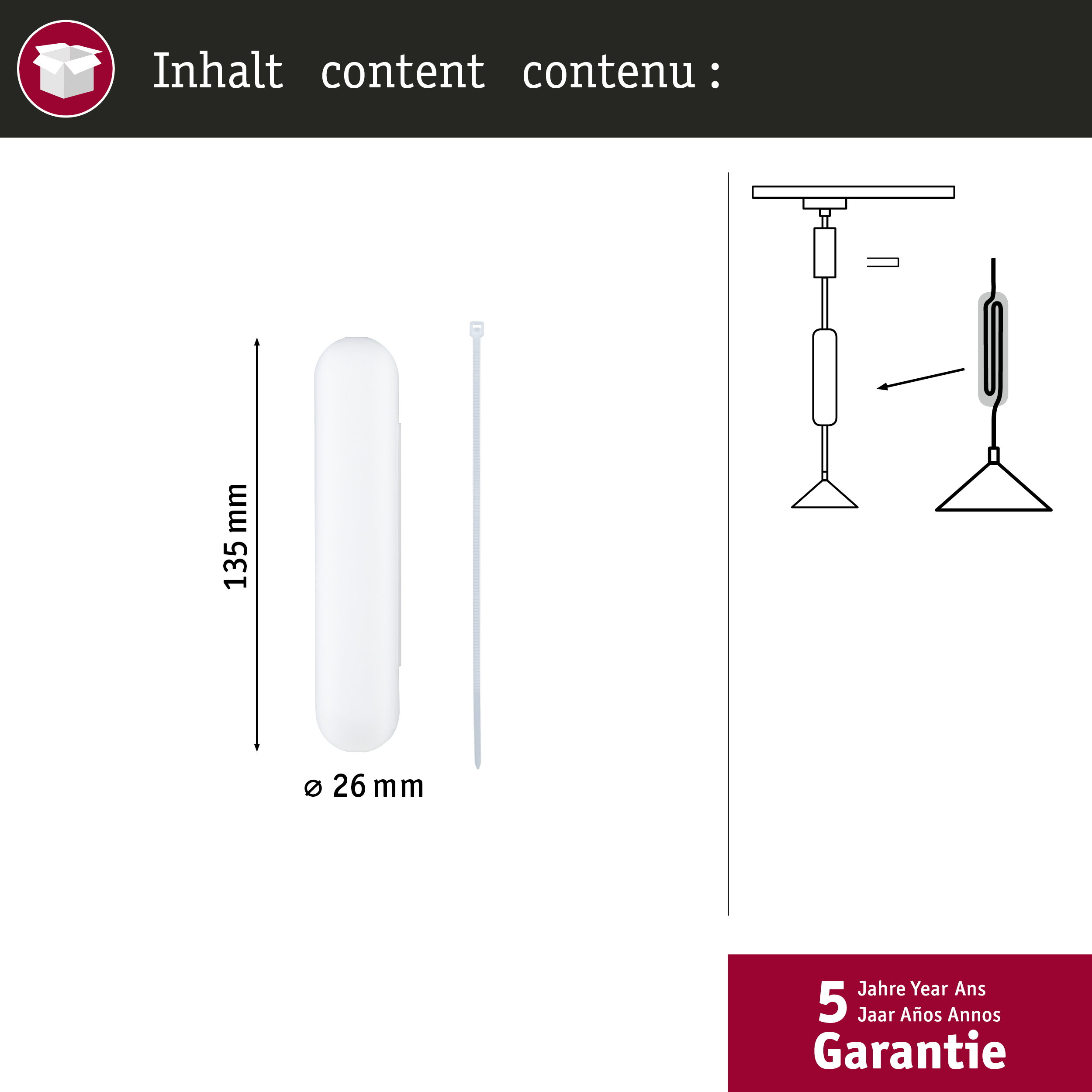 Ein weißer Kabelbinder und ein weißer Behälter mit Maßen 135mm x 26mm.