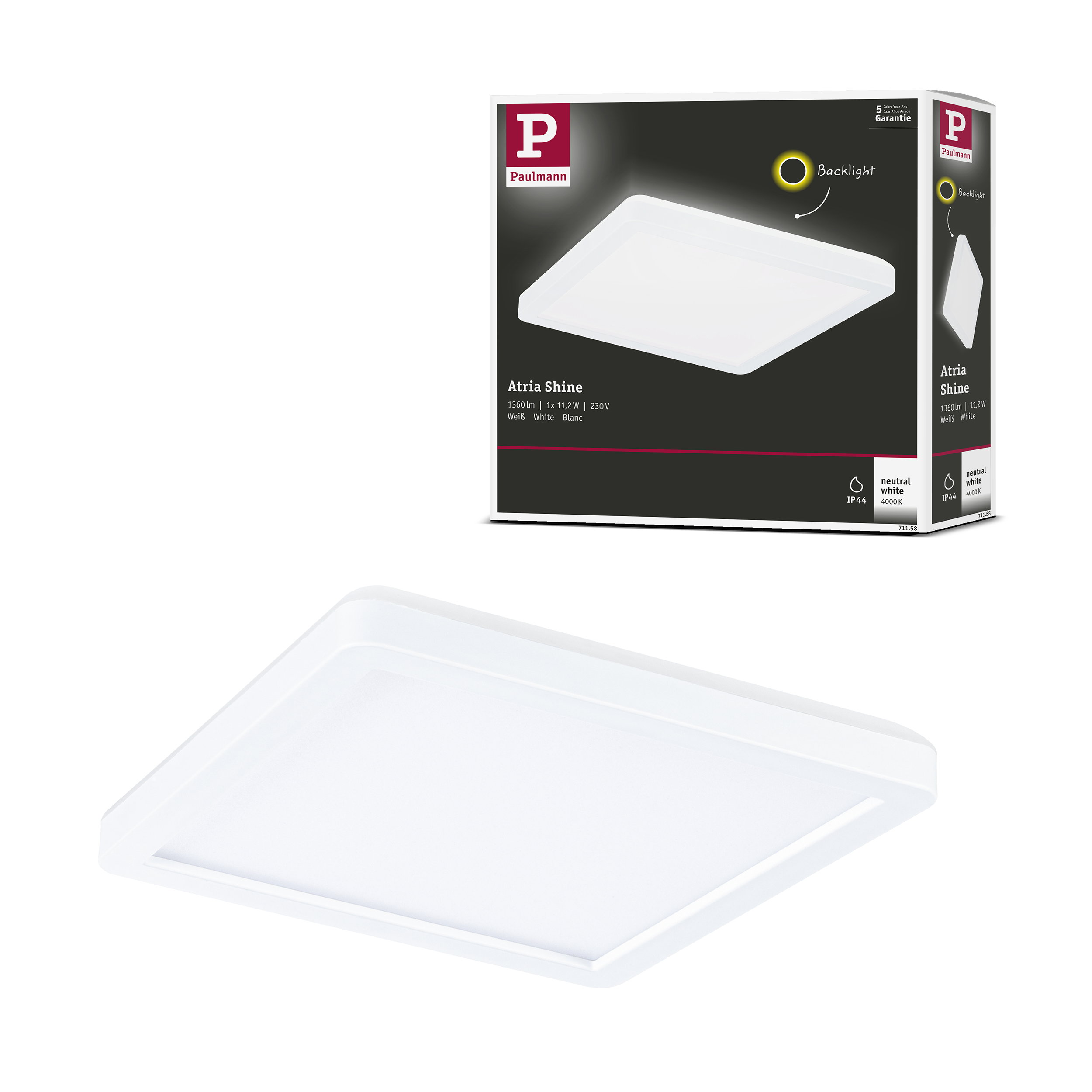 Biała lampa sufitowa Paulmann Atria Shine z funkcją podświetlenia.