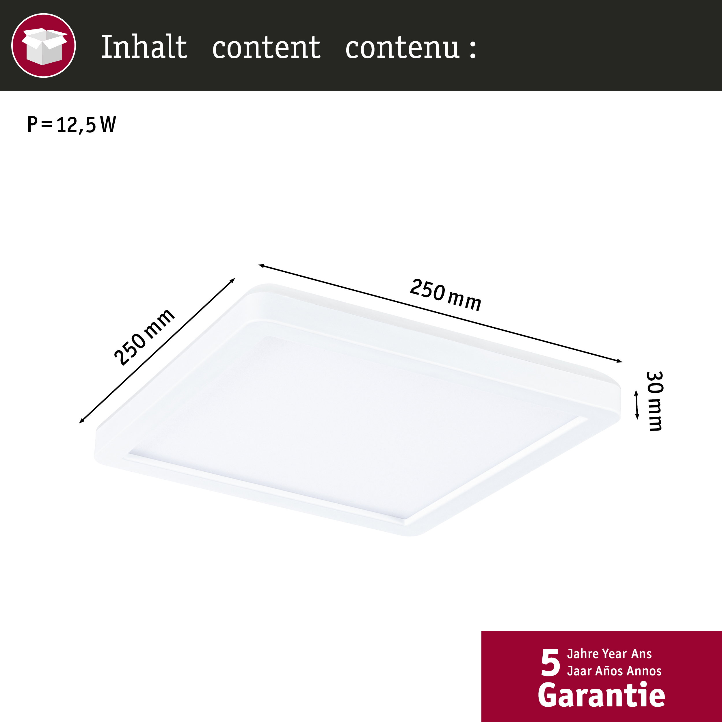 Biała lampa sufitowa prostokątna 250x250x30mm, 12,5W.