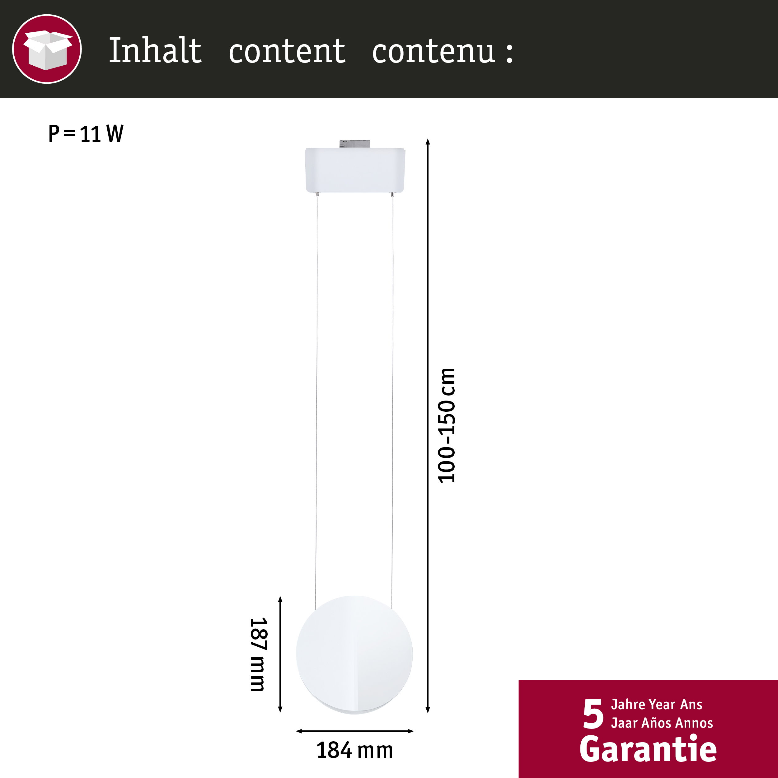 Weiße Pendelleuchte mit runden Elementen und Maßangaben. 11W.