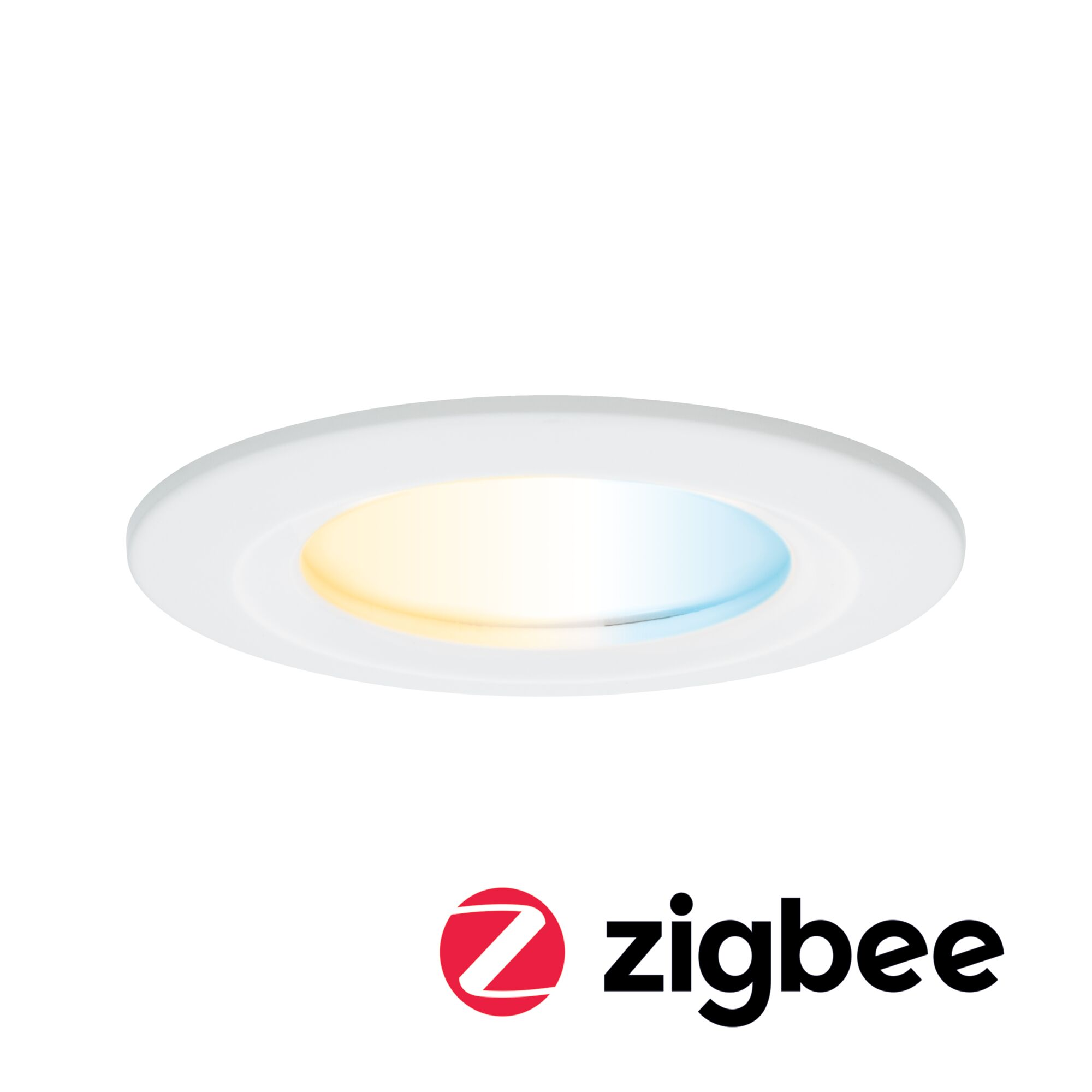 Biały, okrągły downlight Zigbee emitujący ciepłe i zimne światło.