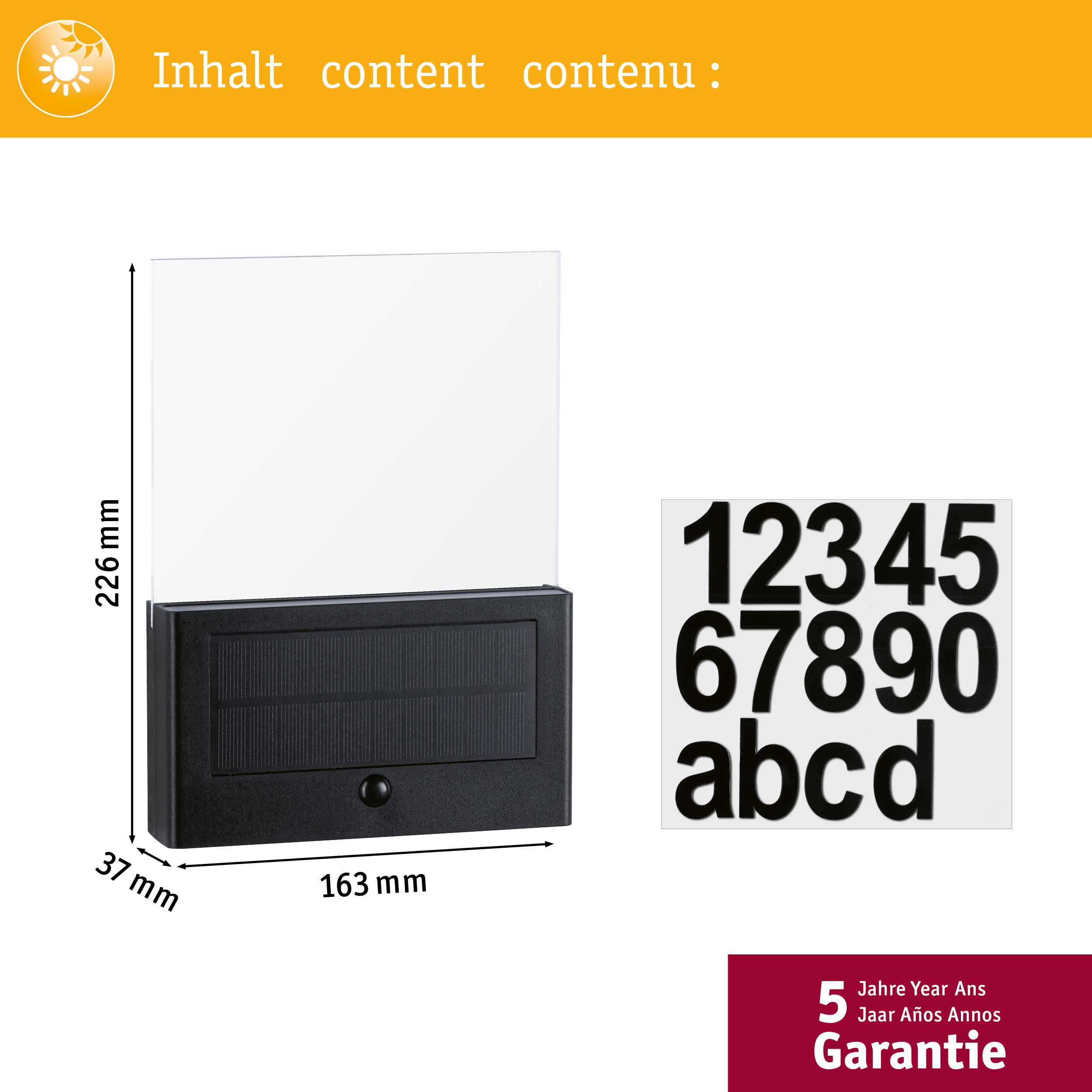 Czarna lampa solarna z numerem domu z wymiarami i cyframi/literami.