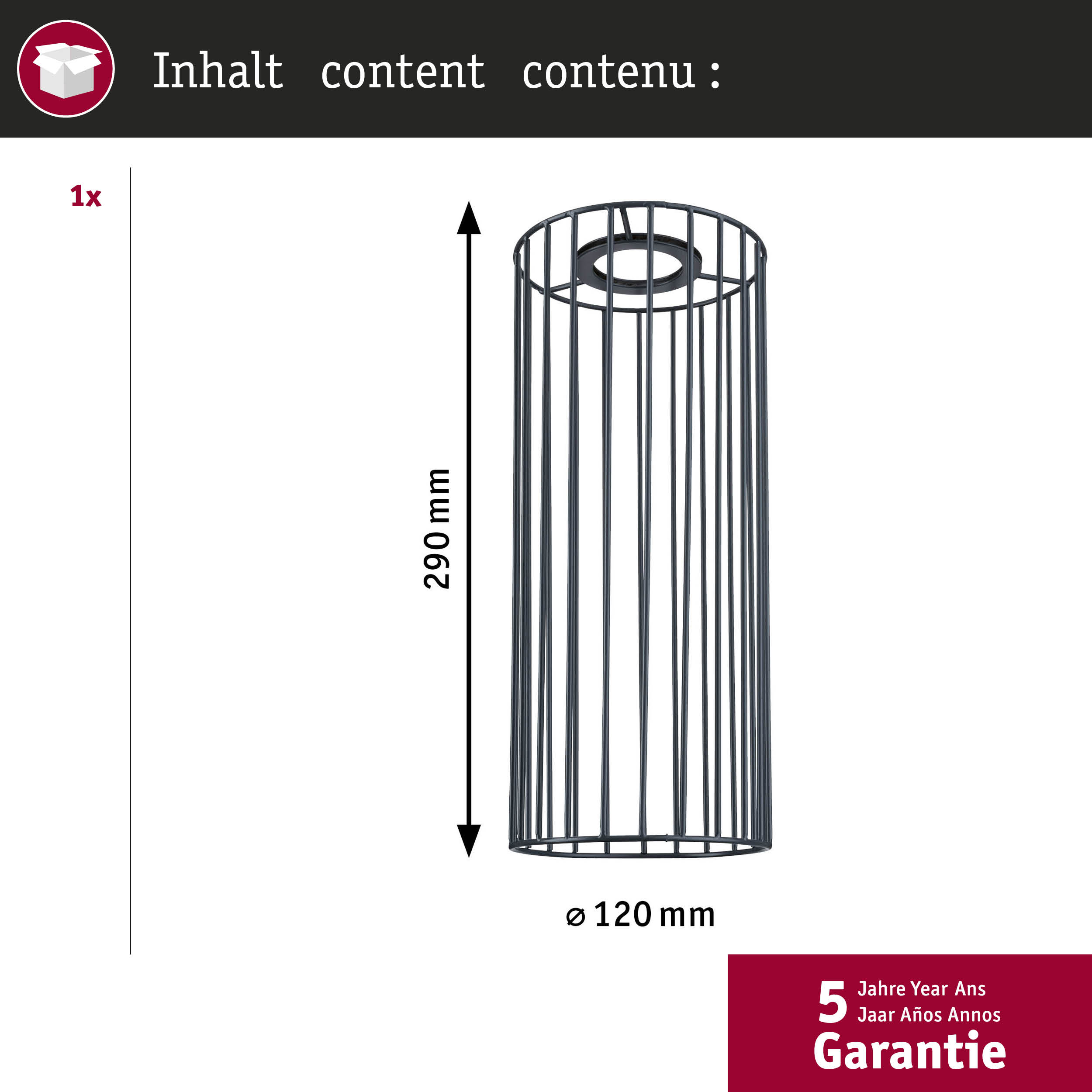 Schwarzer Drahtkorb, 290mm hoch, 120mm Durchmesser, 5 Jahre Garantie.