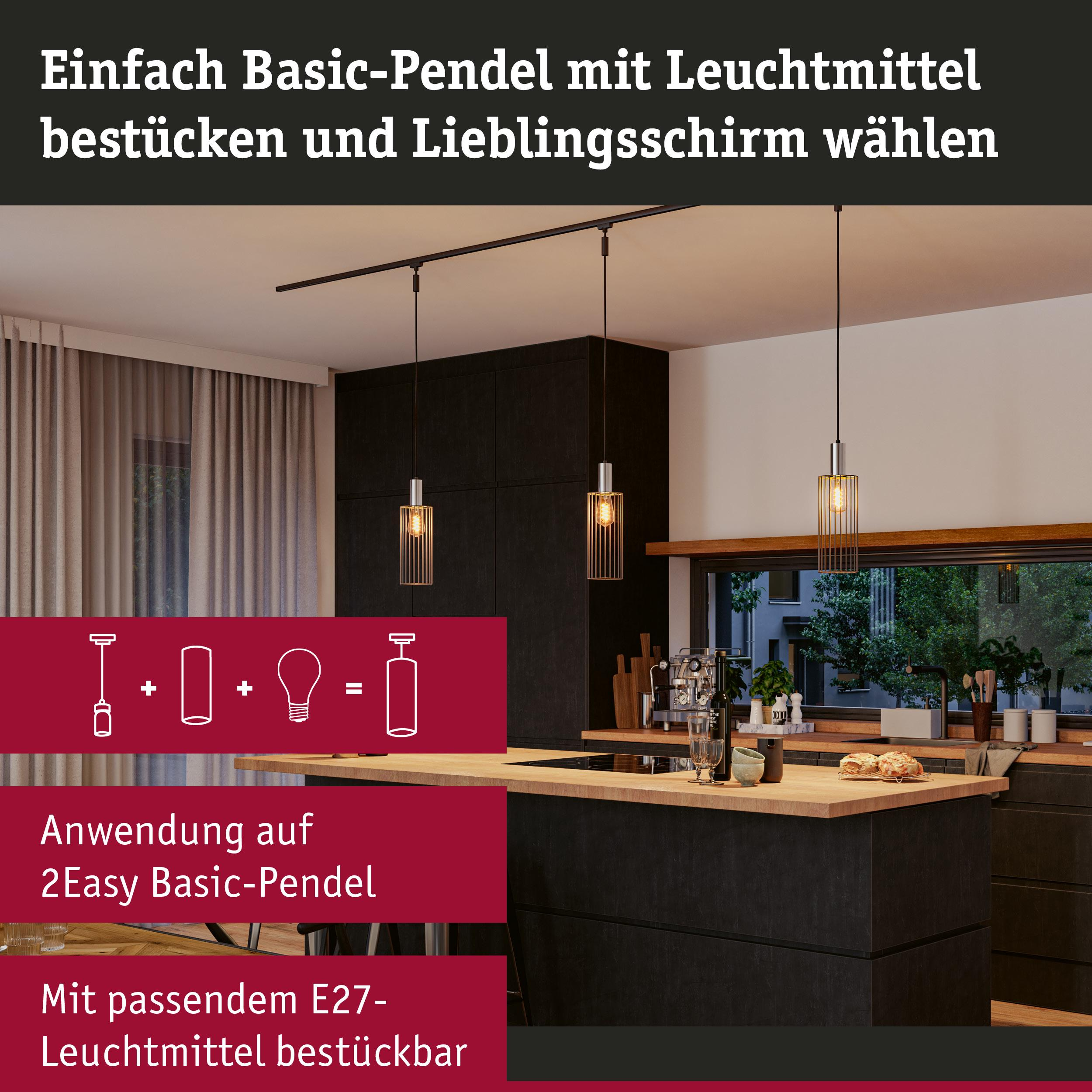 Moderne Küche mit Hängeleuchten über der Insel. Text: Einfach Basic-Pendel.