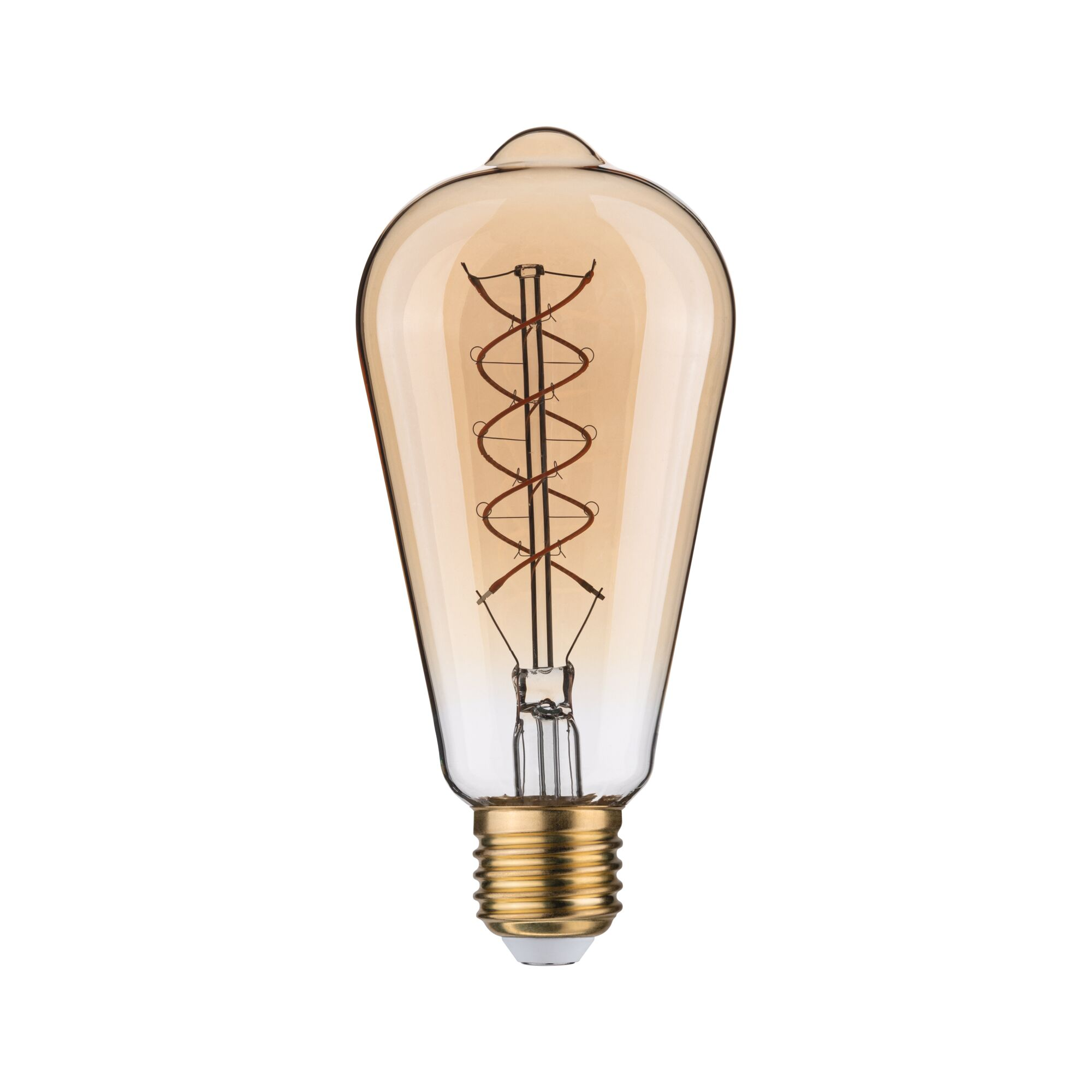 Eine bernsteinfarbene Edison-Glühbirne mit sichtbarem Spiralfilament.