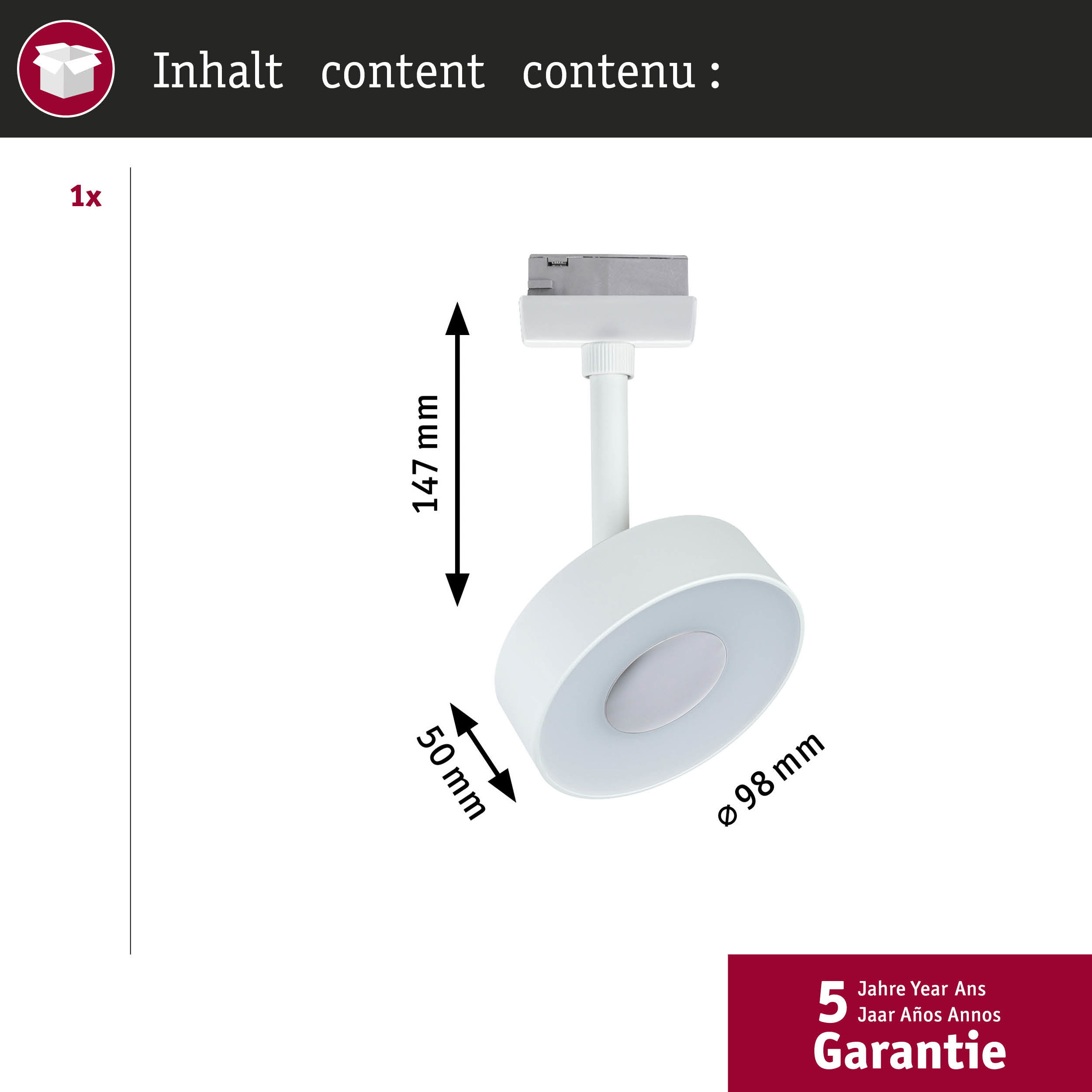 Weiße Lampe mit Maßen 14,7 x 5 x 9,8 cm, 5 Jahre Garantie.