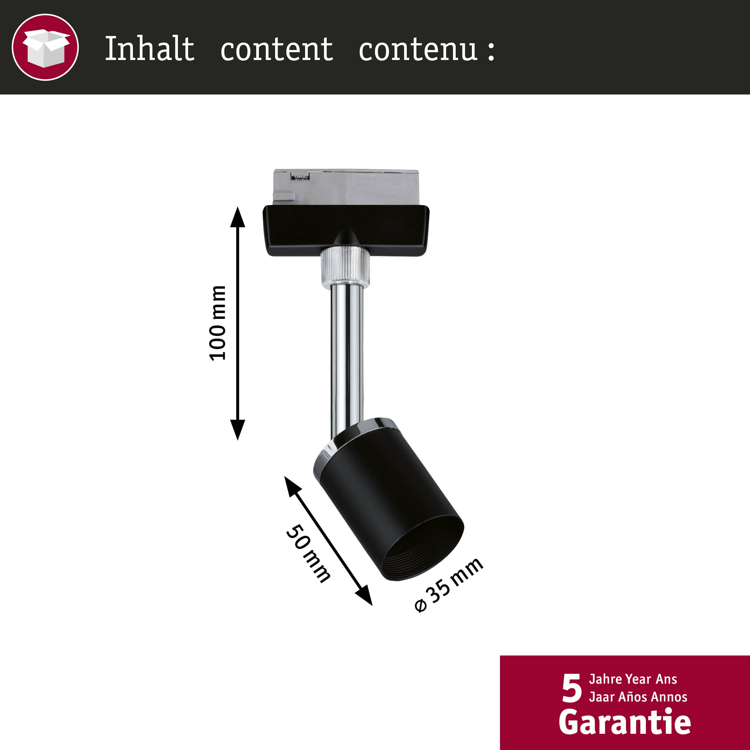 Schwarzer Spot-Strahler mit silbernem Schaft, 100 mm hoch, 50 mm breit.