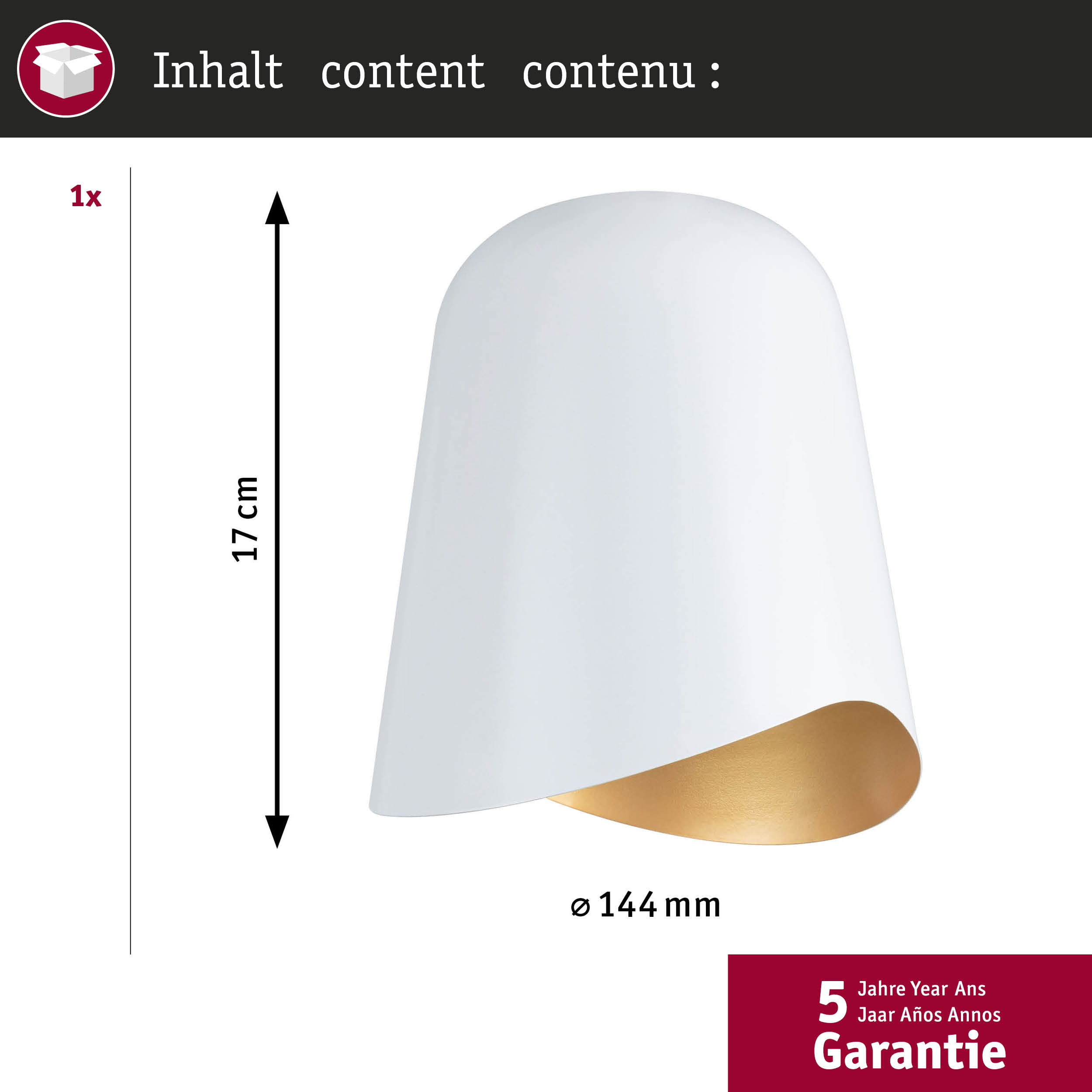 Weiße Lampe mit goldenem Inneren, 17 cm hoch, 144 mm breit.