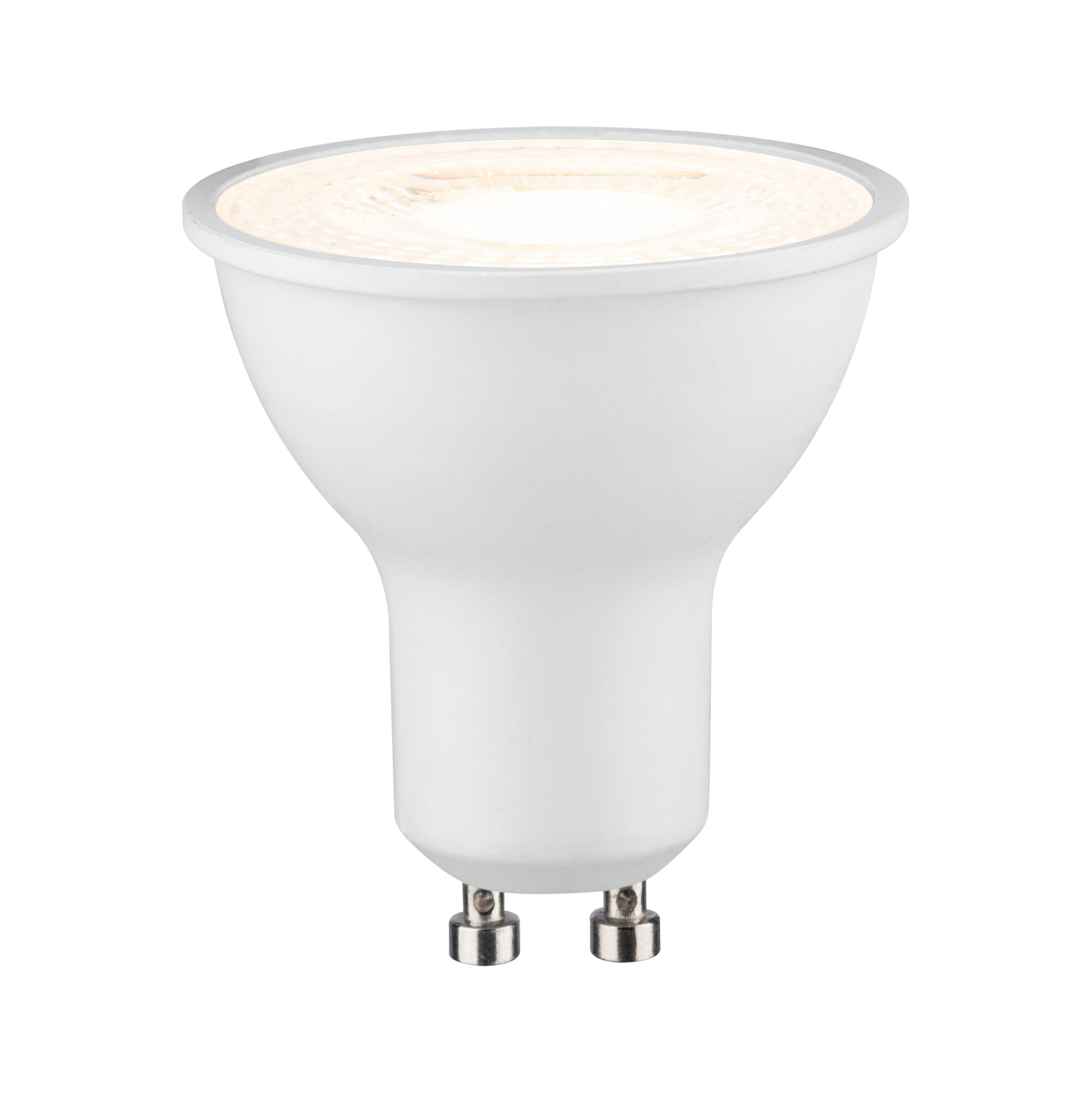 Eine weiße LED-Lampe mit GU10-Sockel und leuchtender Oberseite.