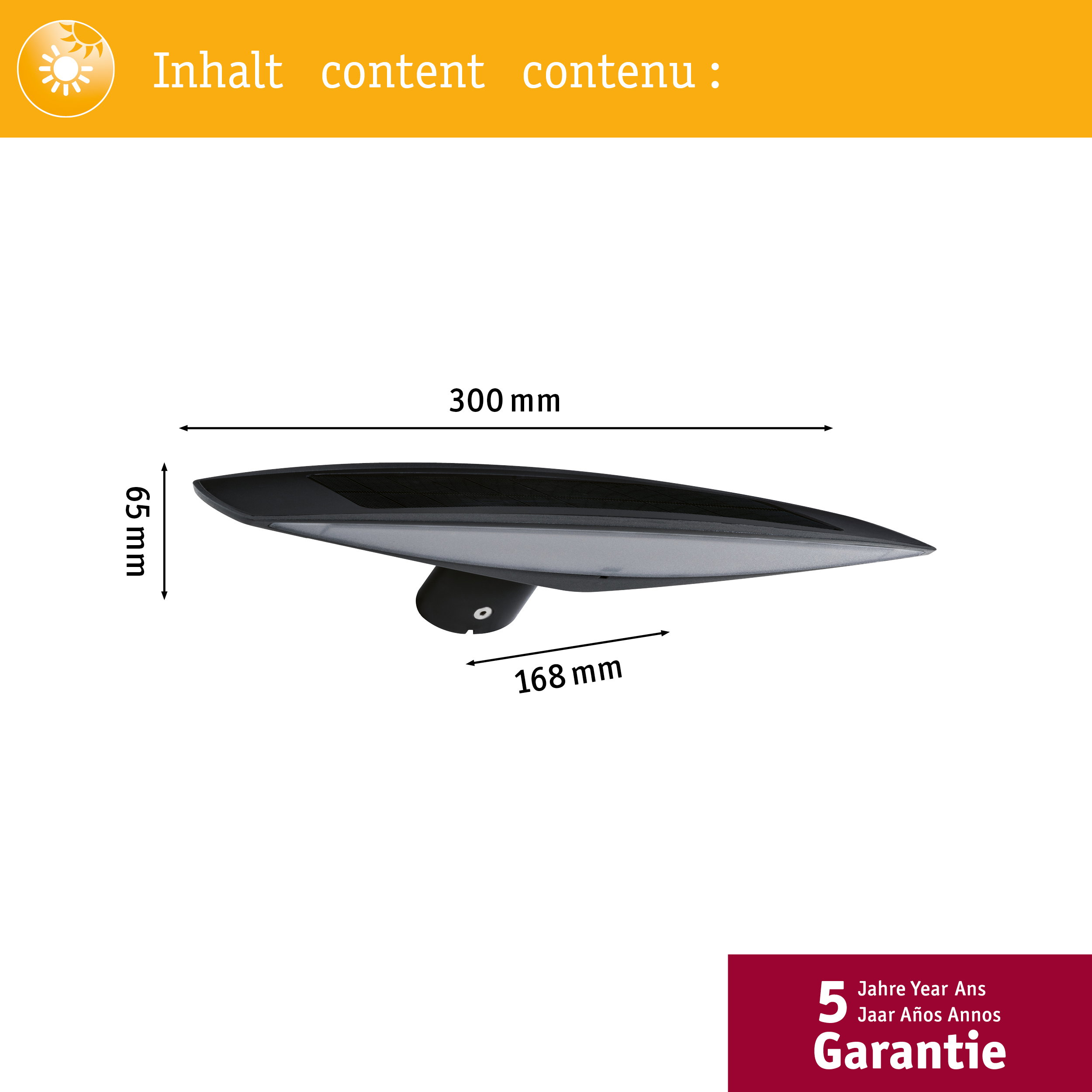 Czarna głowica lampy o wymiarach 300x65x168mm i 5-letniej gwarancji.