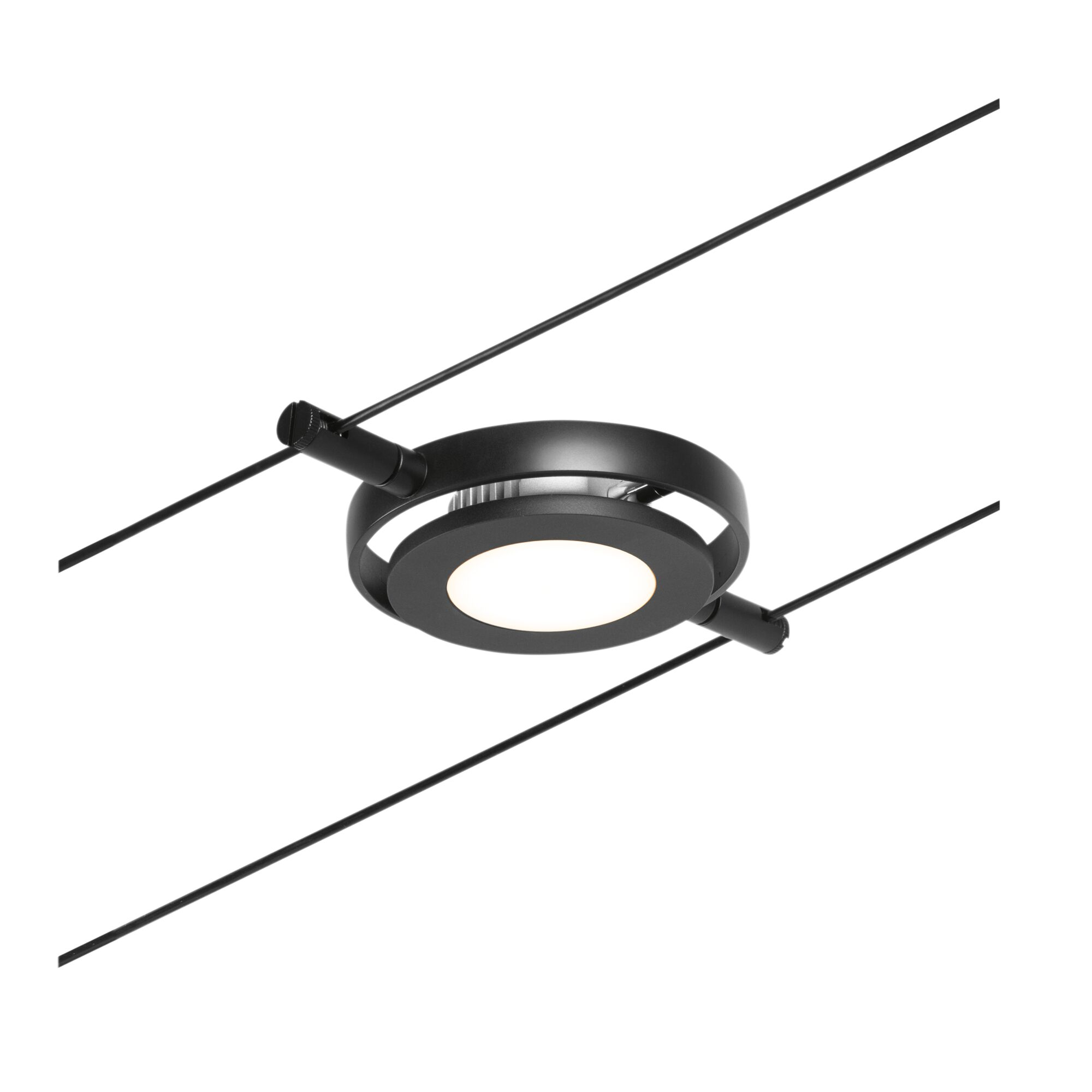 Una plafoniera rotonda nera con illuminazione a LED pende da due cavi.