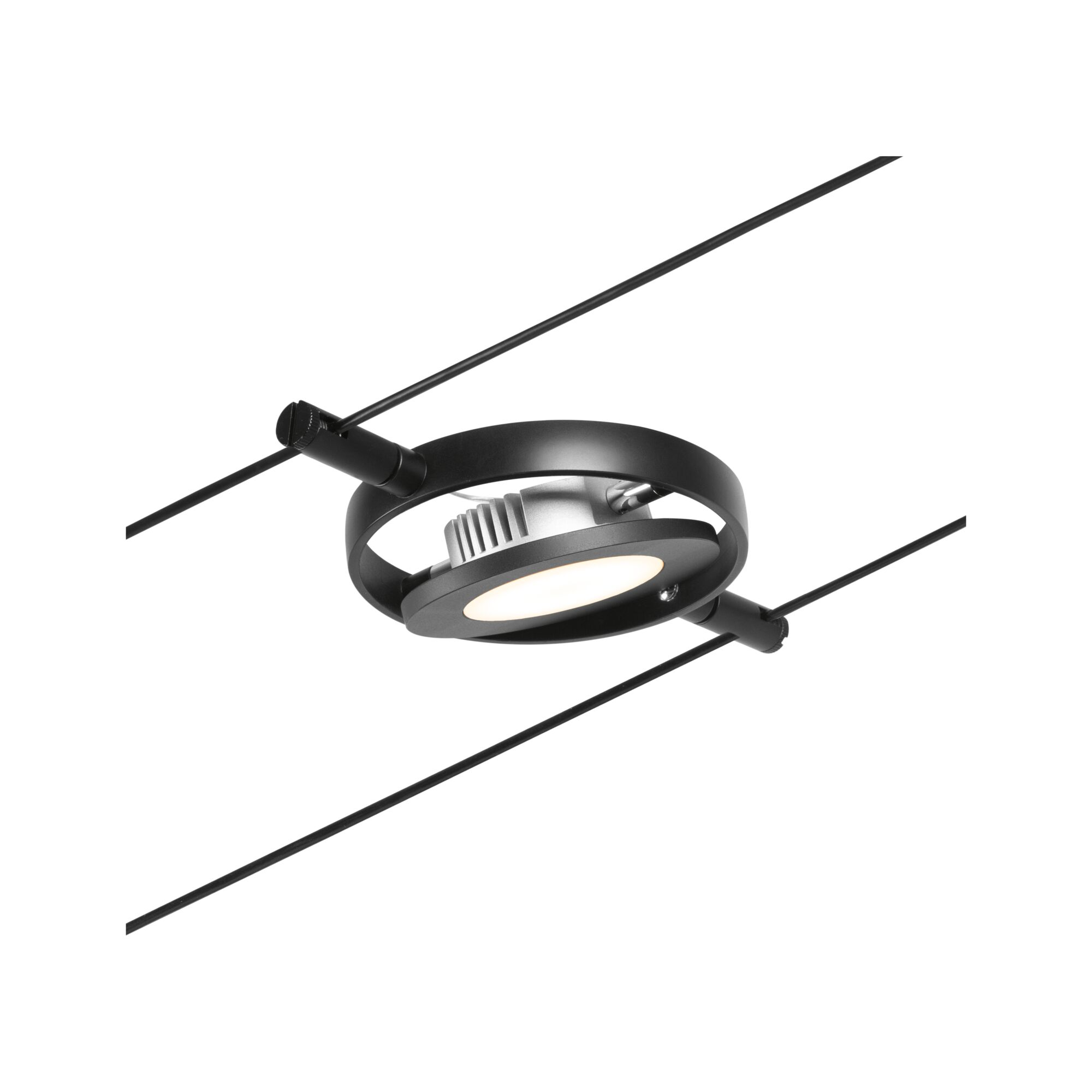 Lampada ad anello nera con dissipatore argento e luce LED su cavi.