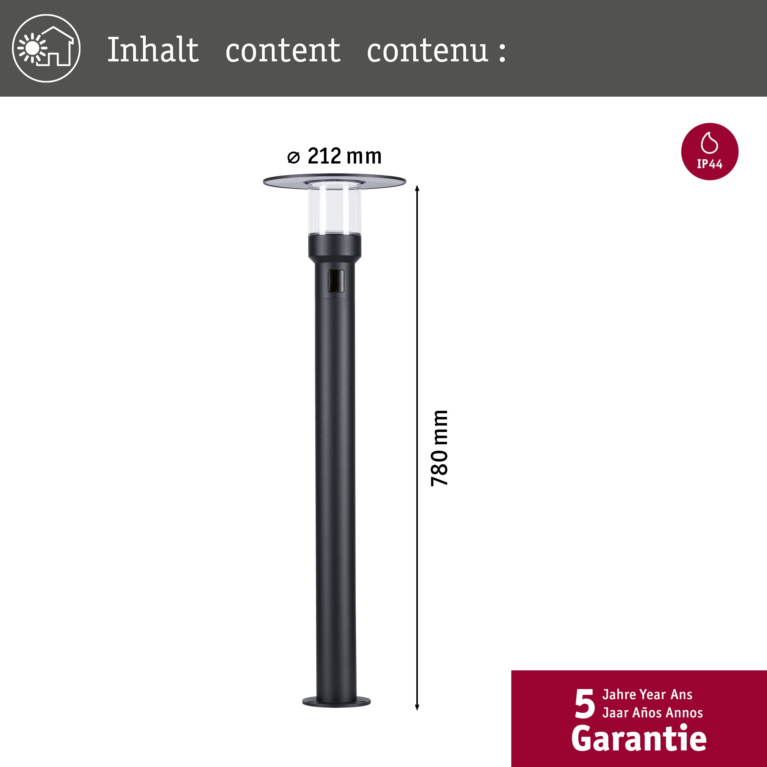 Czarna lampa zewnętrzna, 780mm wysoka, średnica 212mm, IP44.