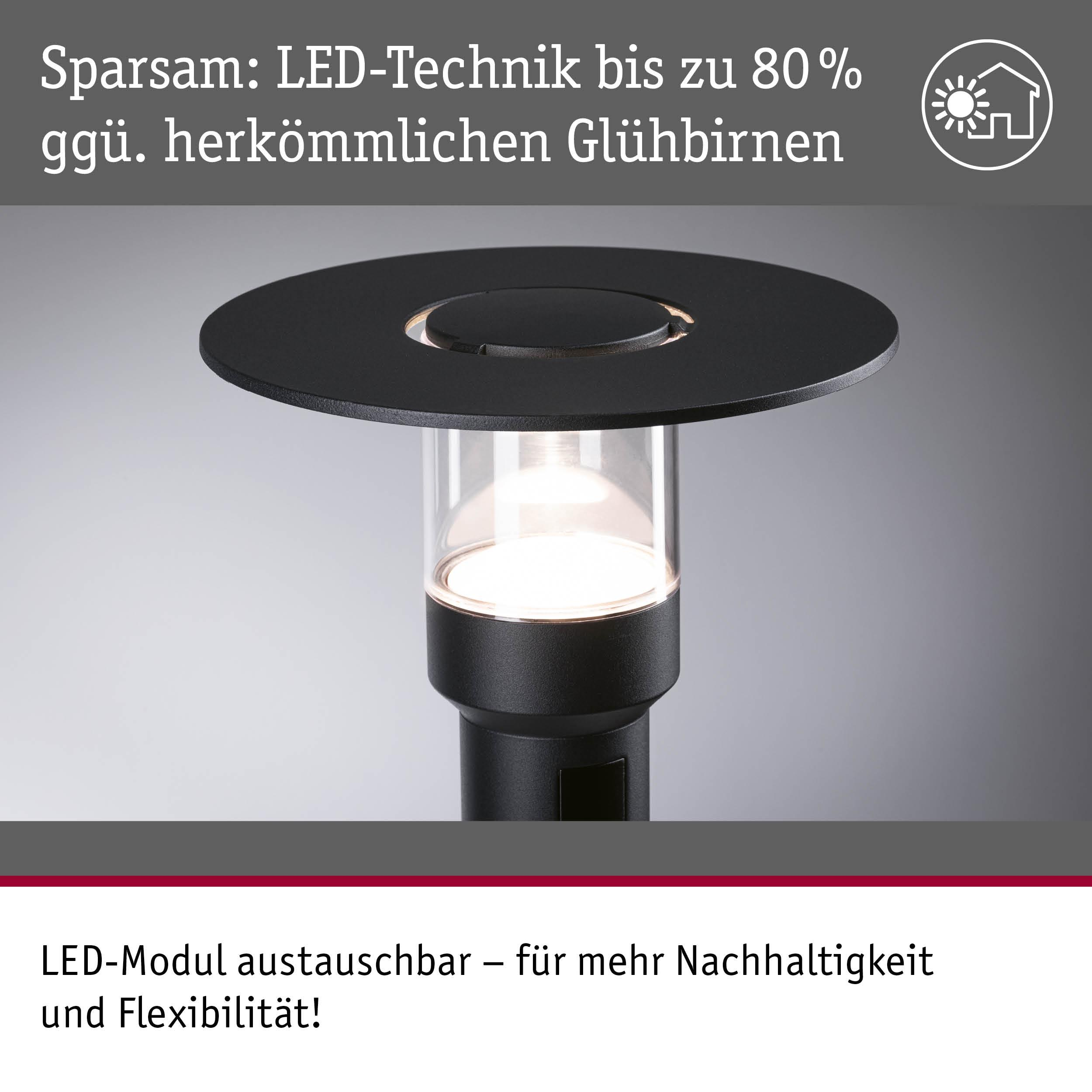 Czarna lampa zewnętrzna z szklanym cylindrem i źródłem światła LED.