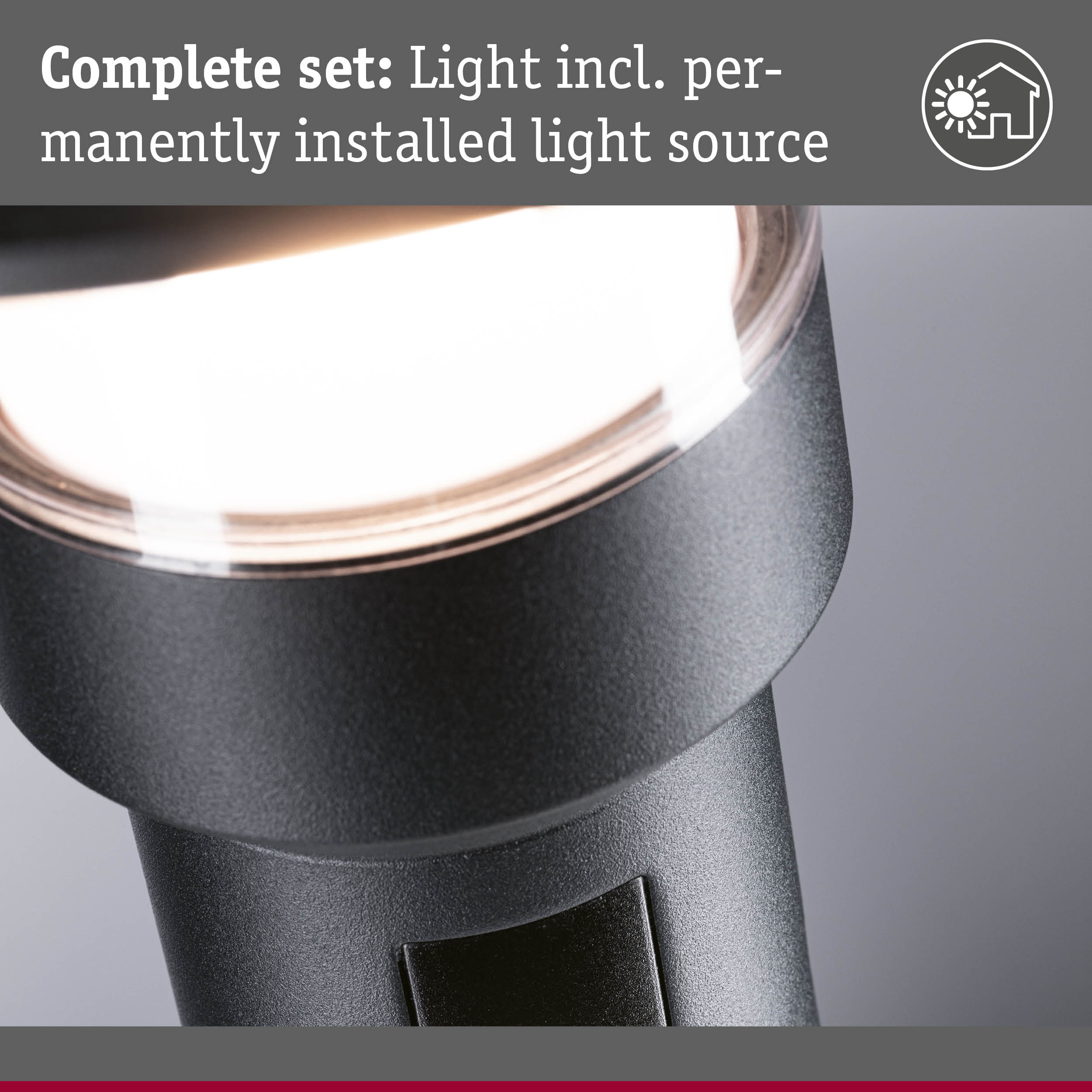 Szary reflektor zewnętrzny ze źródłem światła i ikoną domu-słońca.