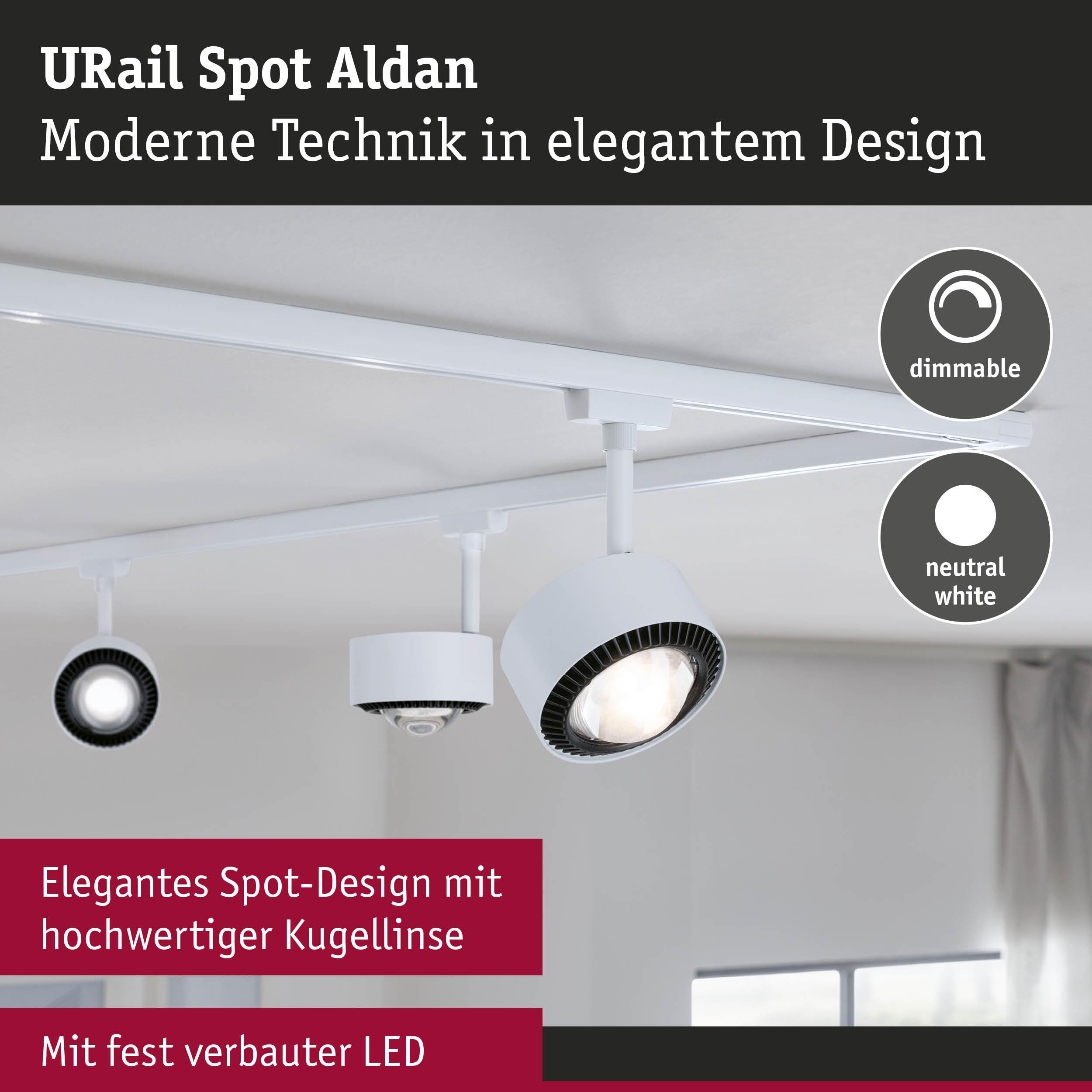 Weiße Schienenleuchten mit dimmbarem, neutralweißem LED-Licht an einer Decke.