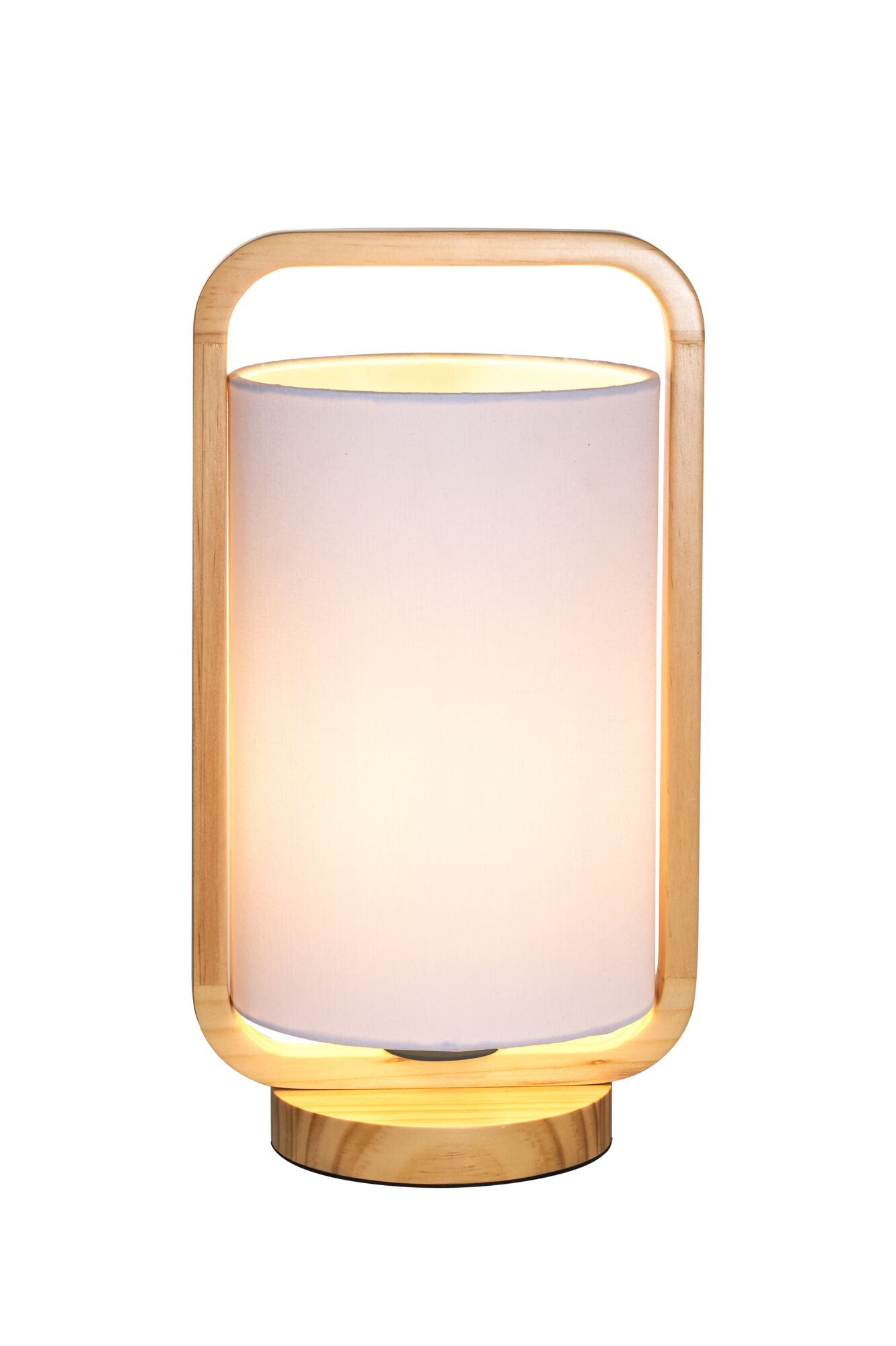 Drewniana lampka nocna z białym abażurem, podświetlona.