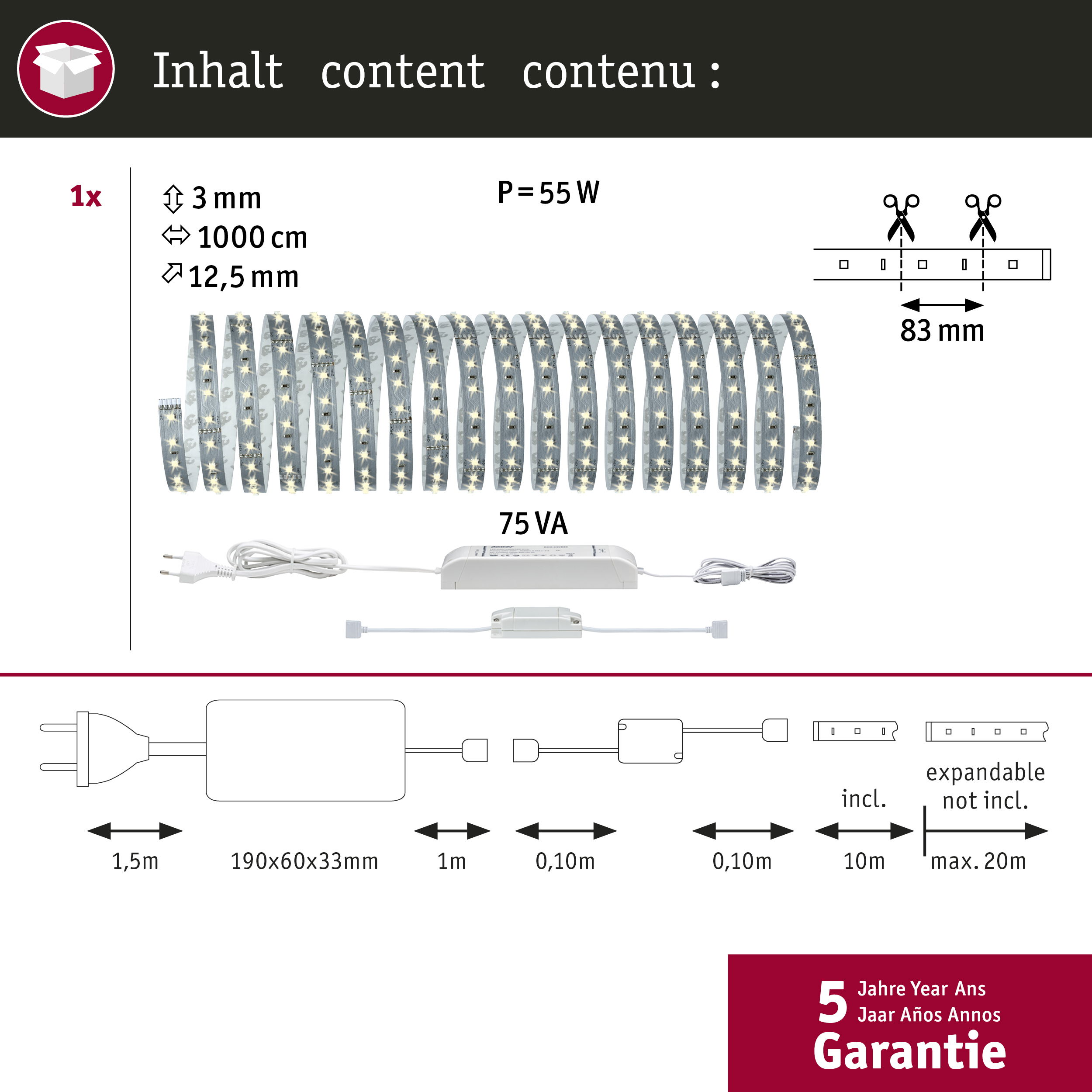 Taśma LED z zasilaczem, szerokość 3mm, długość 1000cm, szerokość 12.5mm, 55W, 75VA.