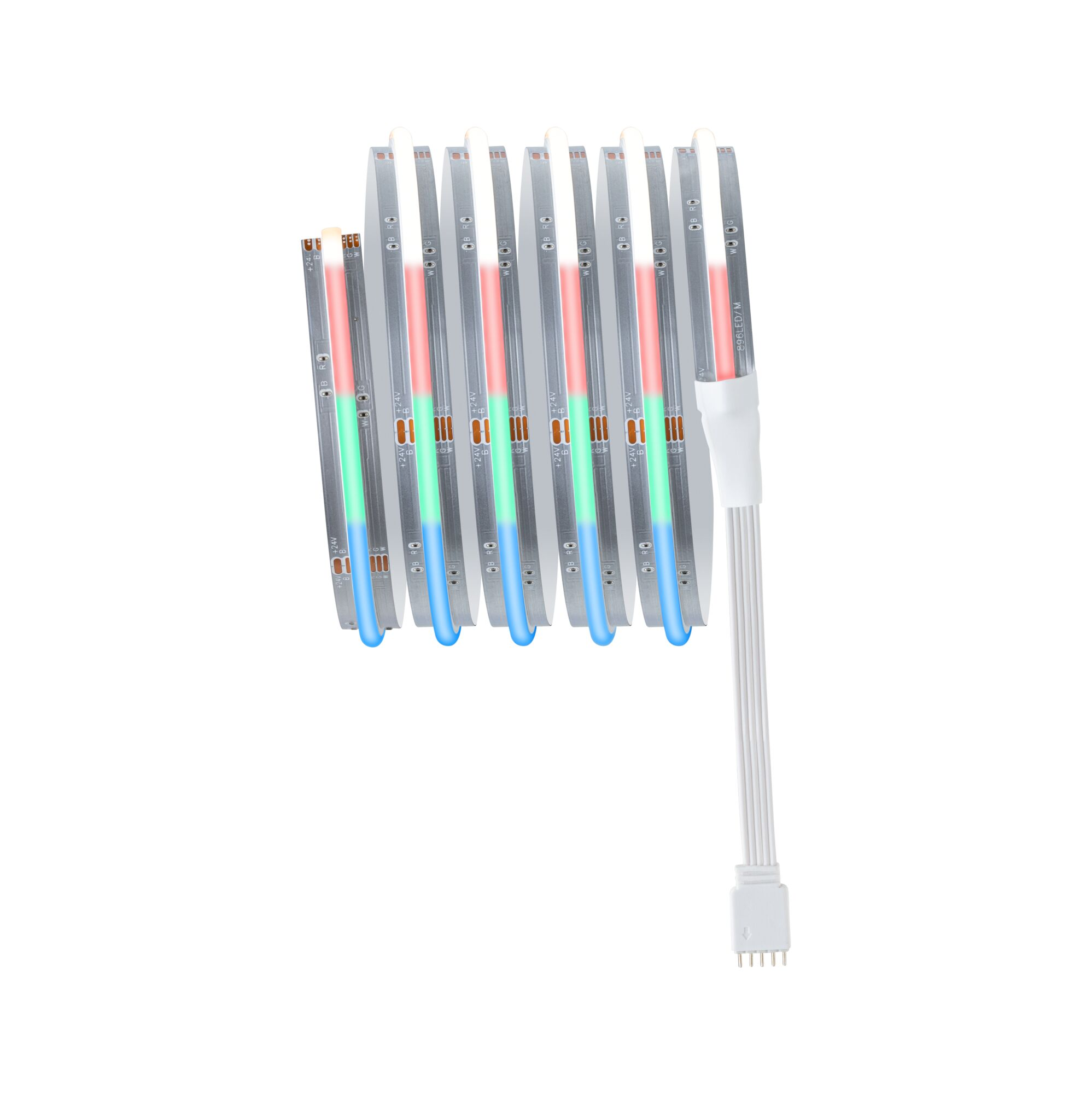 Mehrere nebeneinander liegende LED-Streifen mit roten, grünen und blauen Lichtern und einem weißen Kabel.