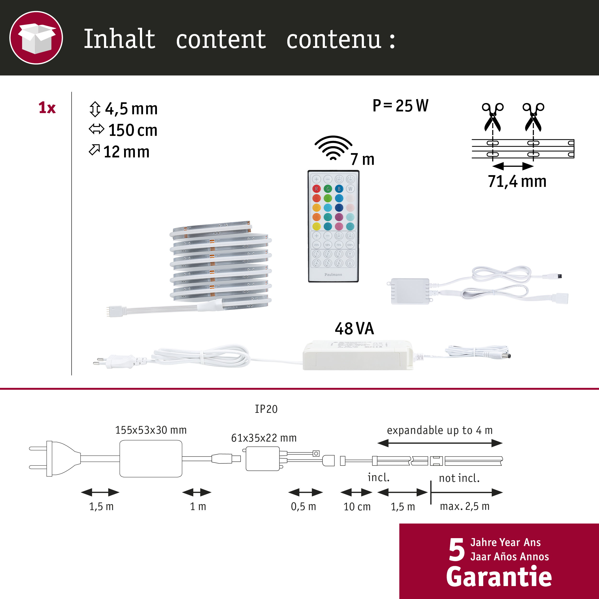 Packungsinhalt: LED-Streifen, Fernbedienung, Netzteil, Kabel und Maße.