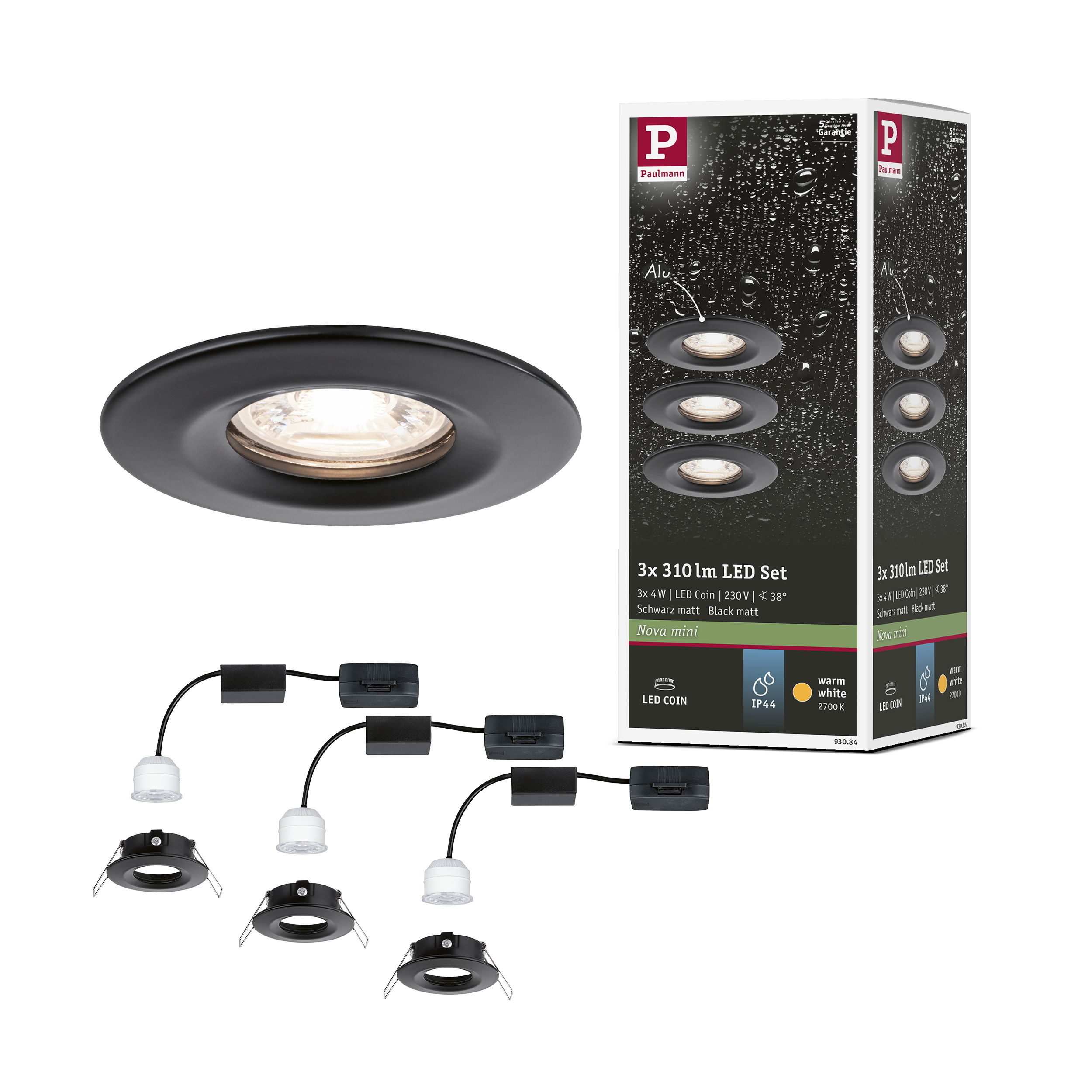 Zestaw reflektorów wpuszczanych LED Paulmann z trzema czarnymi, okrągłymi lampami i kablami.