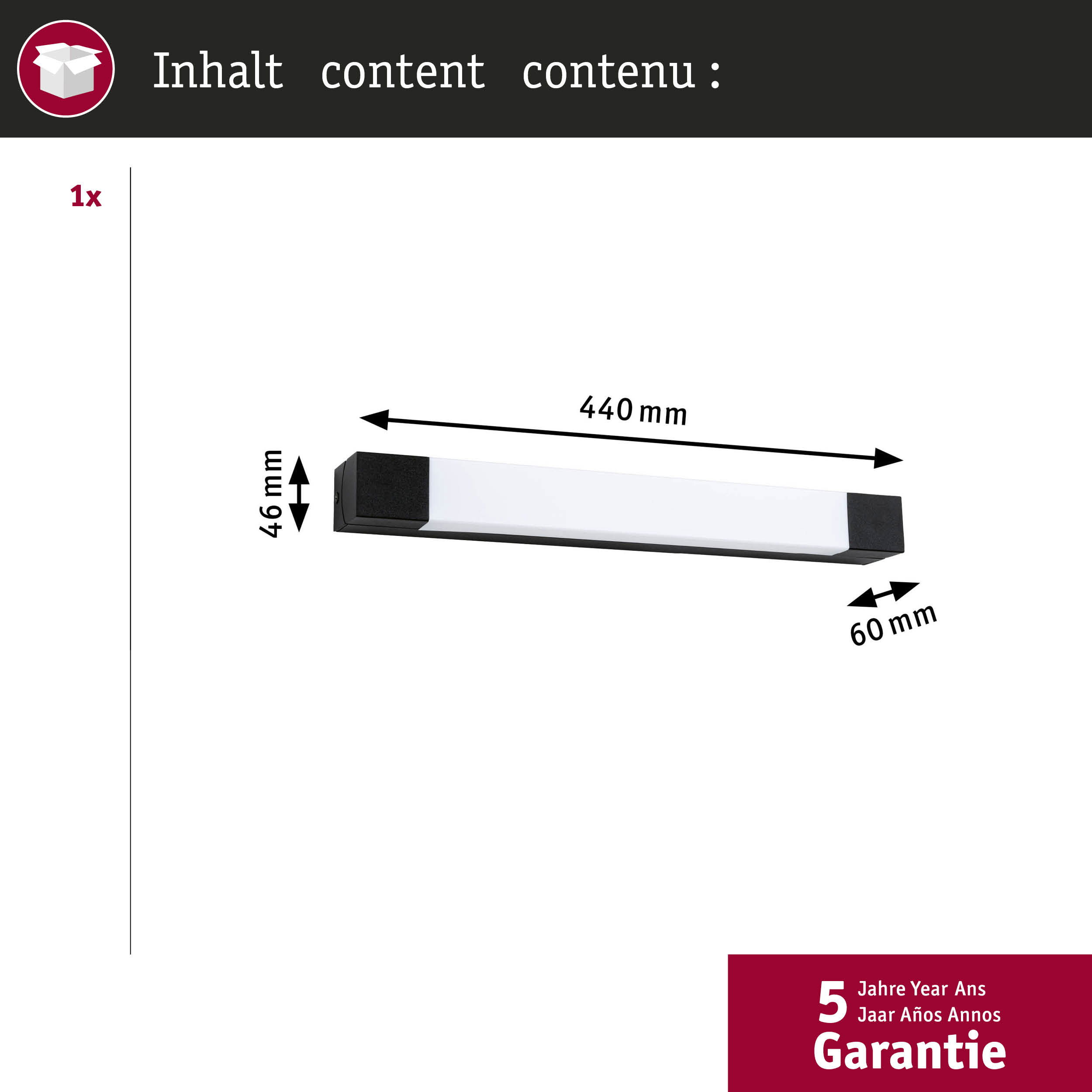 Oprawa oświetleniowa o długości 440mm, wysokości 46mm, głębokości 60mm z czarnymi końcówkami.