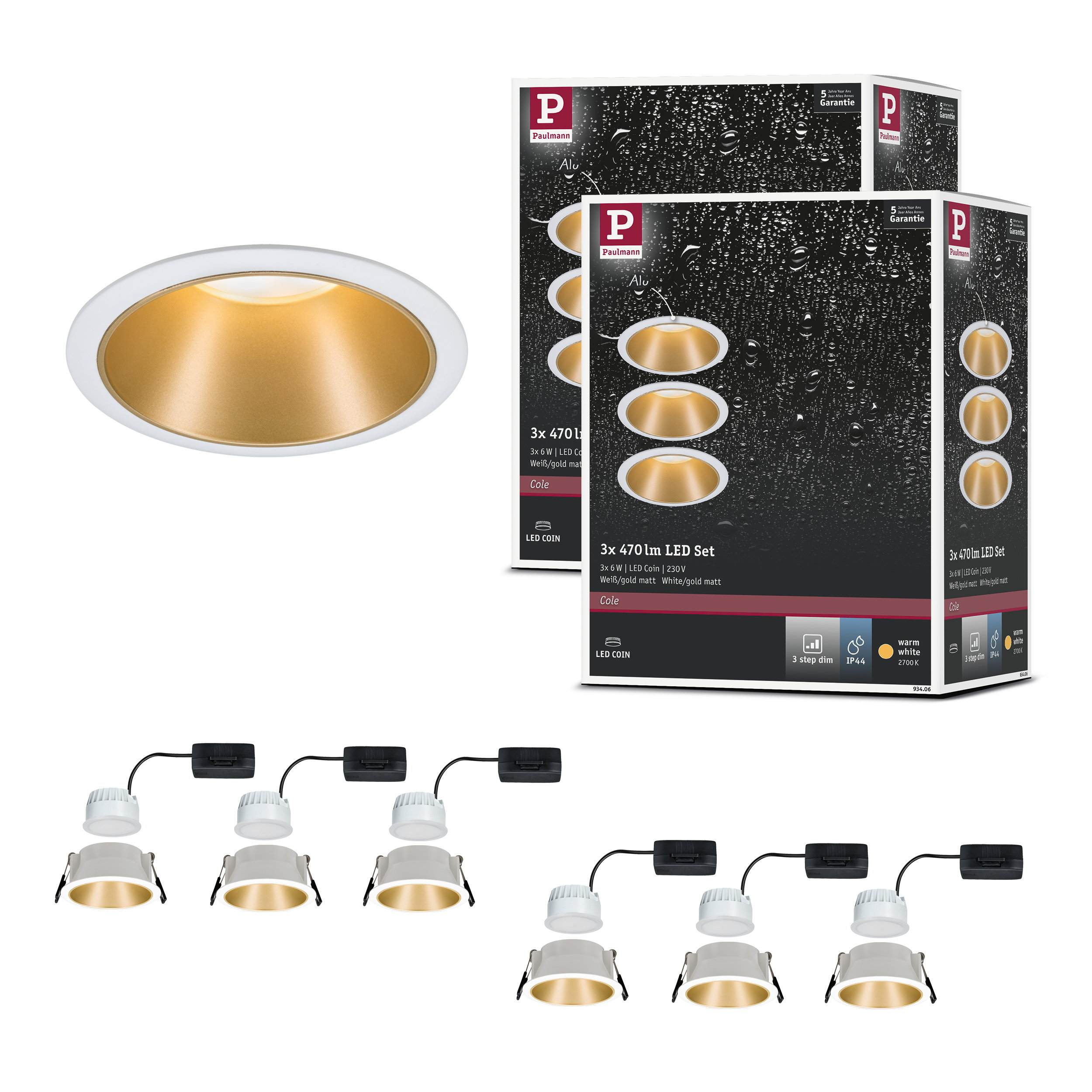 Reflektor wpuszczany ze złotym odbłyśnikiem i cztery sztuki z akcesoriami.