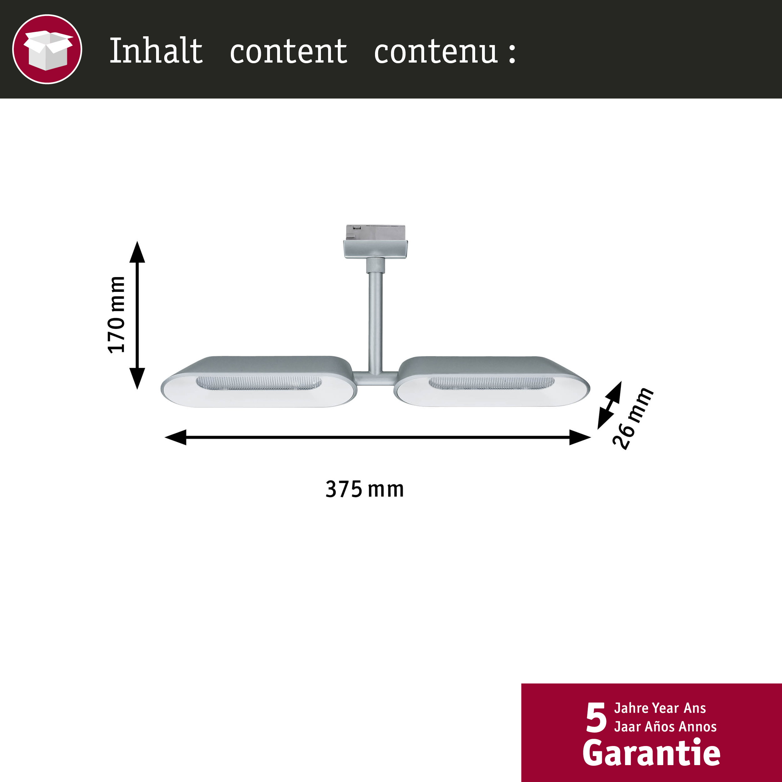 Una lampada argentata con due luci, larga 375mm, alta 170mm, profonda 26mm.