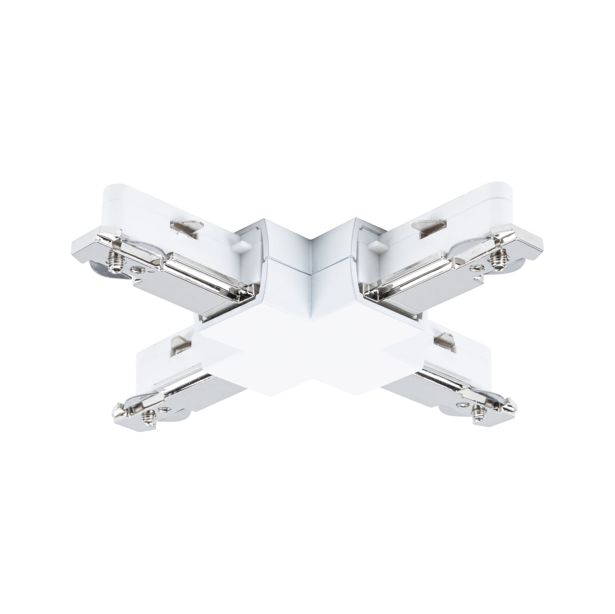 Weißer Eckverbinder für Stromschienen mit silbernen Metallklemmen.
