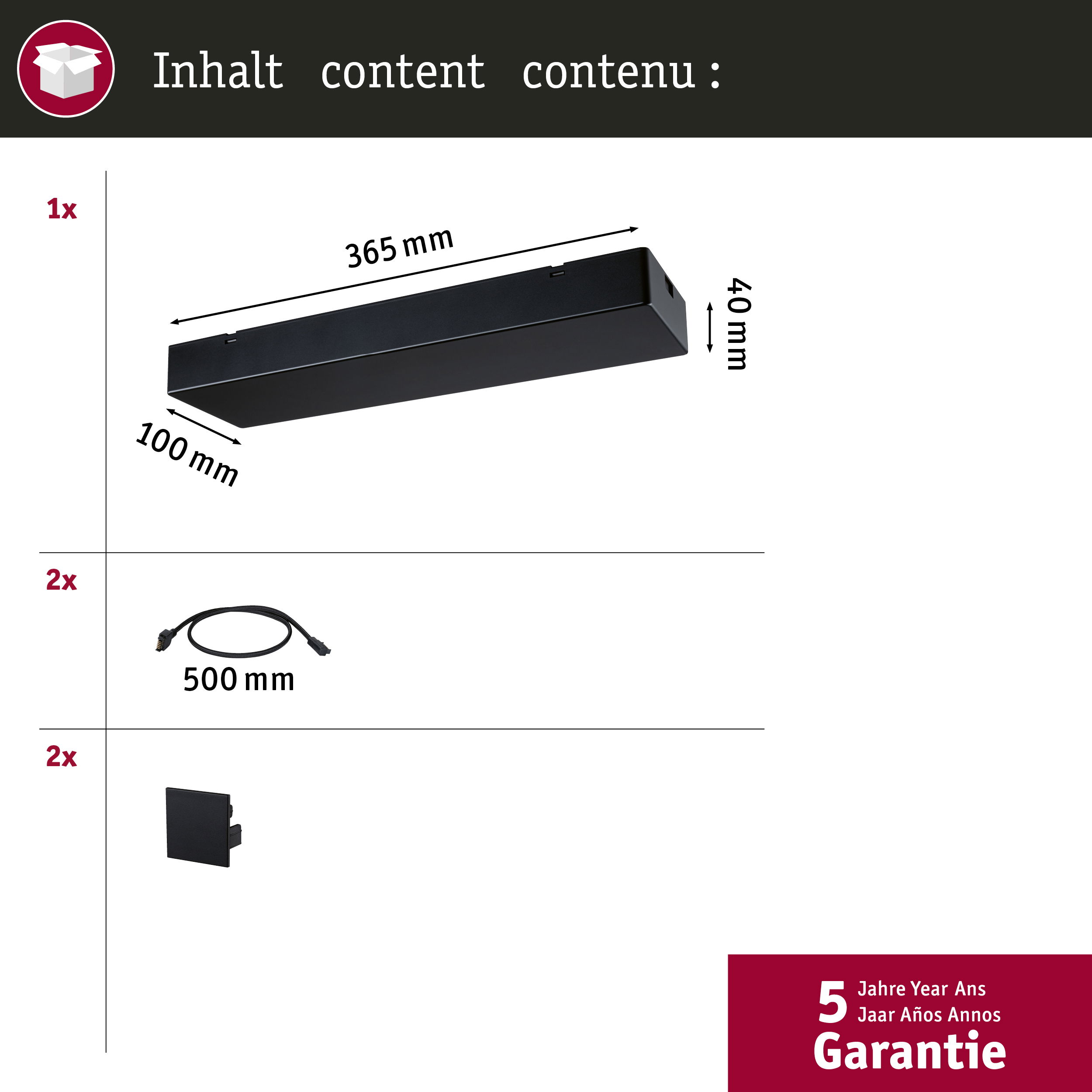 Czarne światło (365x100x40mm), kabel (500mm) i wspornik.