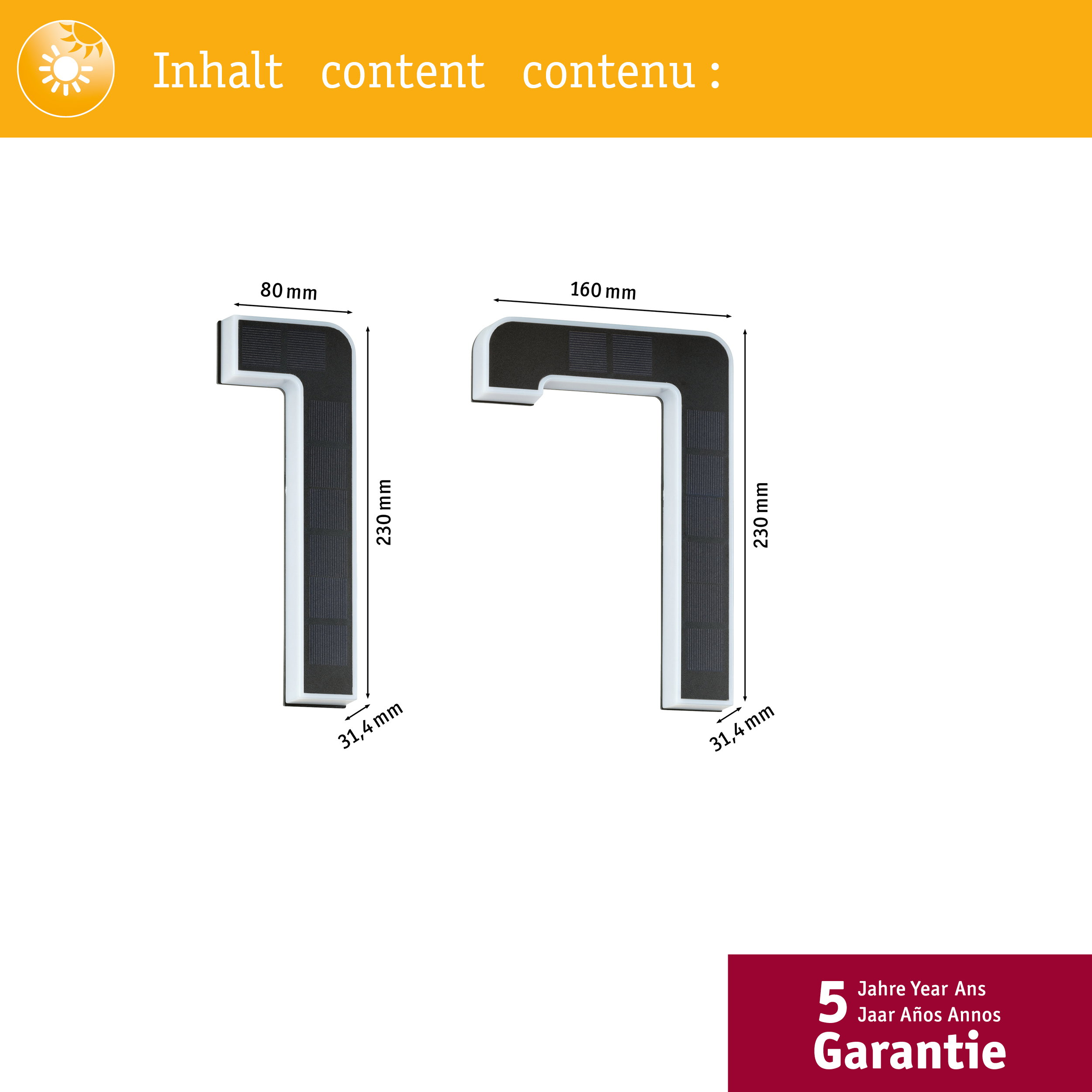 Dwie lampy solarne w kształcie litery L z białymi ramkami i ciemnymi panelami.