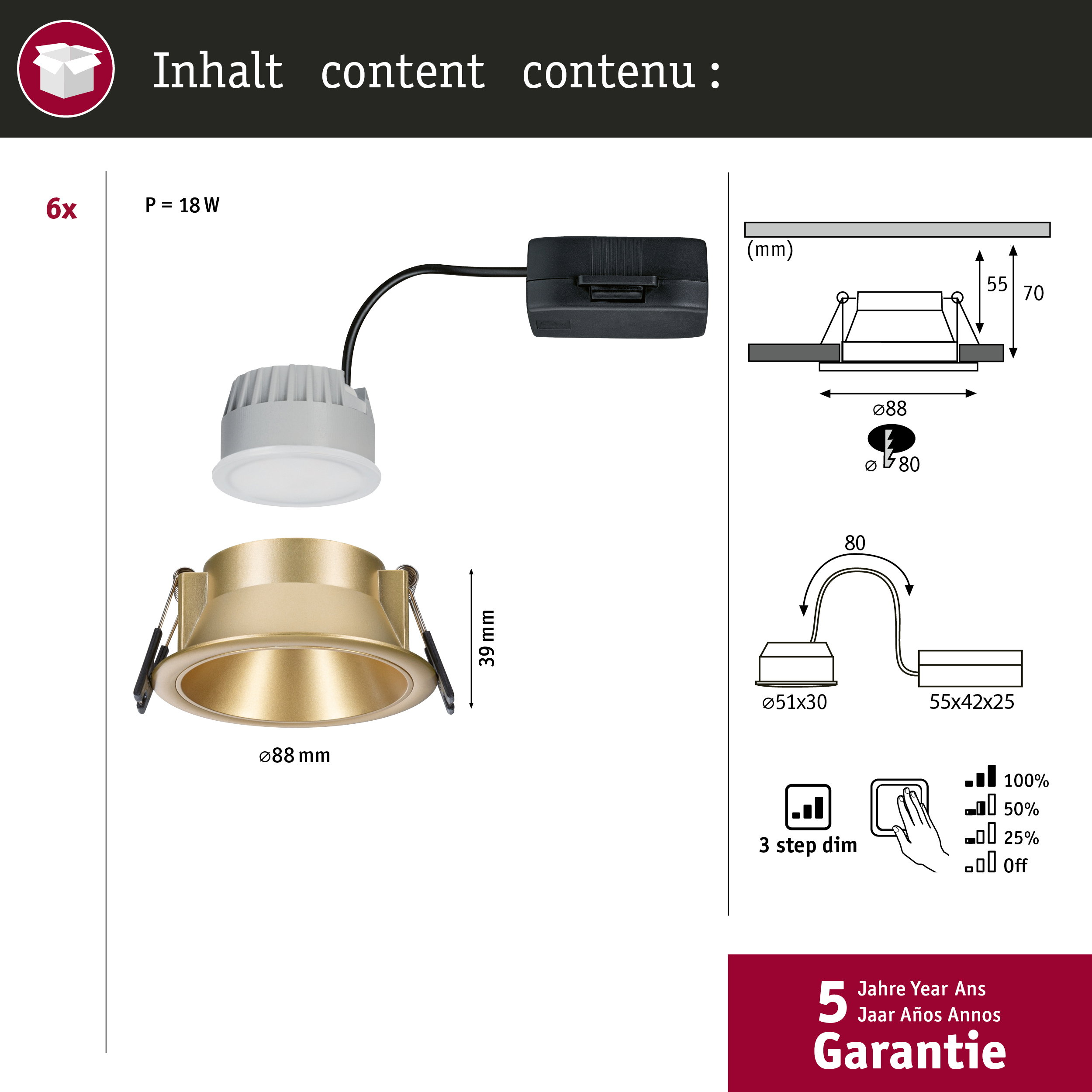 Lampa wpuszczana 6x 18W, średnica 88mm, wysokość 39mm, z rysunkami technicznymi.