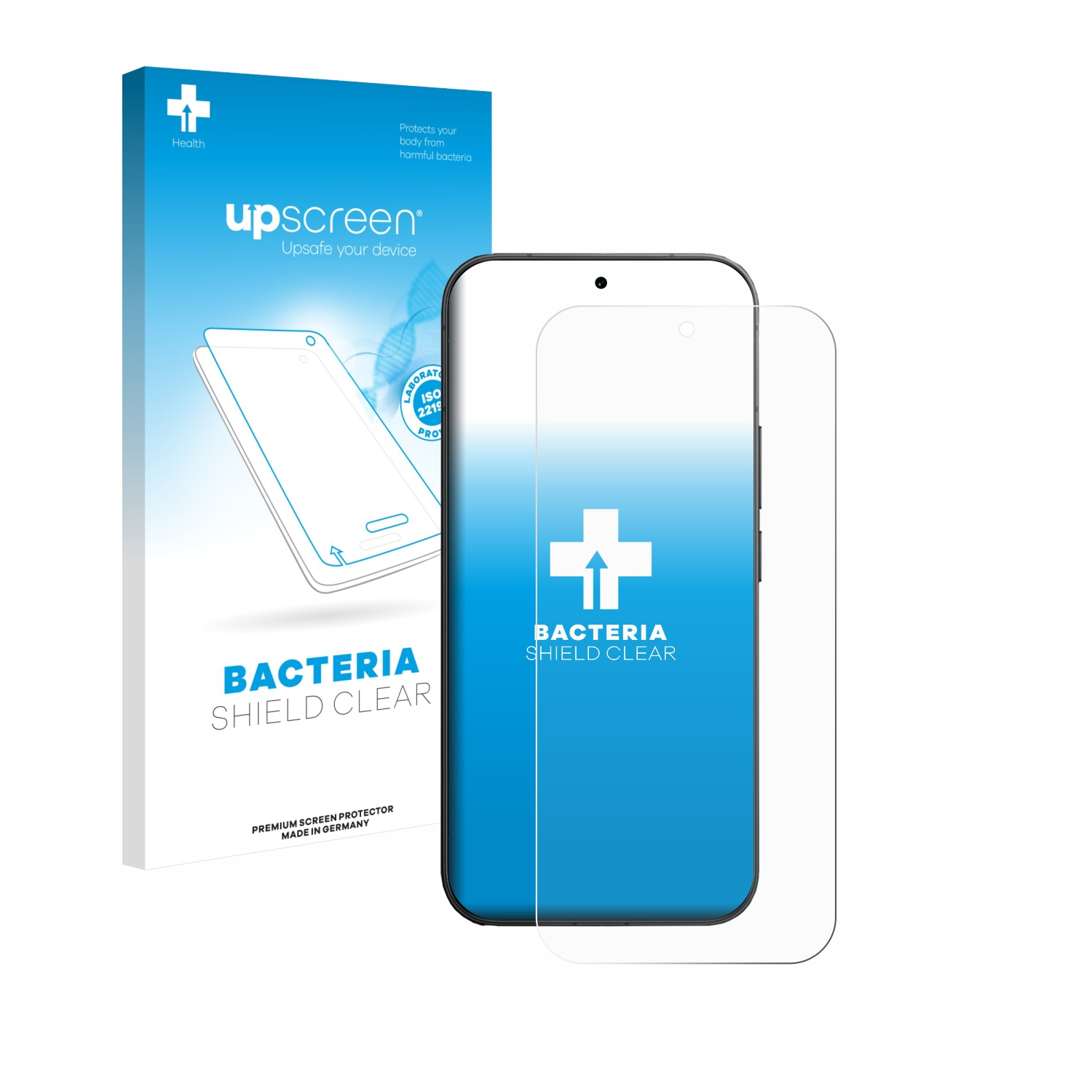 Verpackung und Displayschutzfolie für ein Smartphone mit Bakterienschutz.
