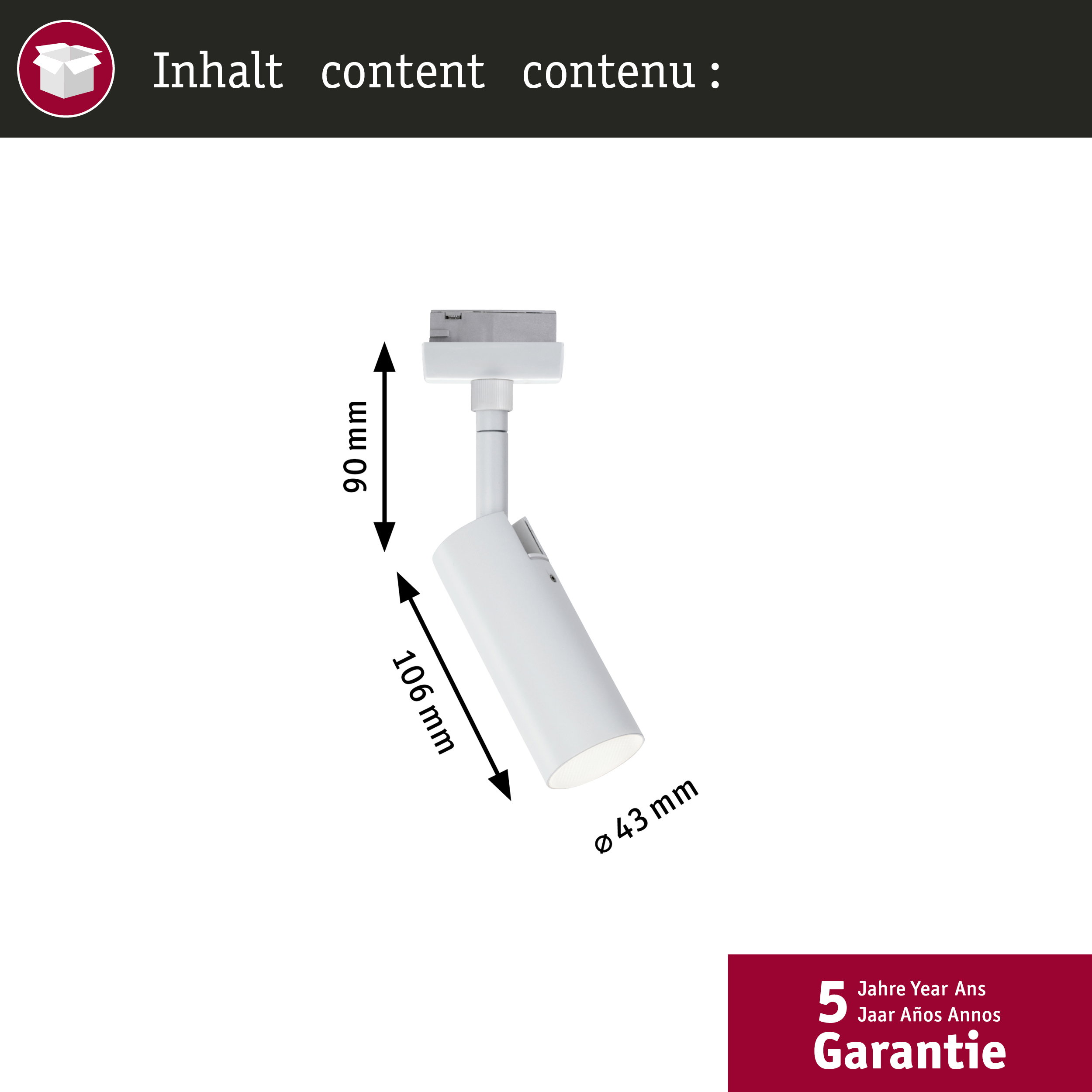 Weier Strahler mit Maangaben: Höhe 90mm, Länge 106mm, Durchmesser 43mm.
