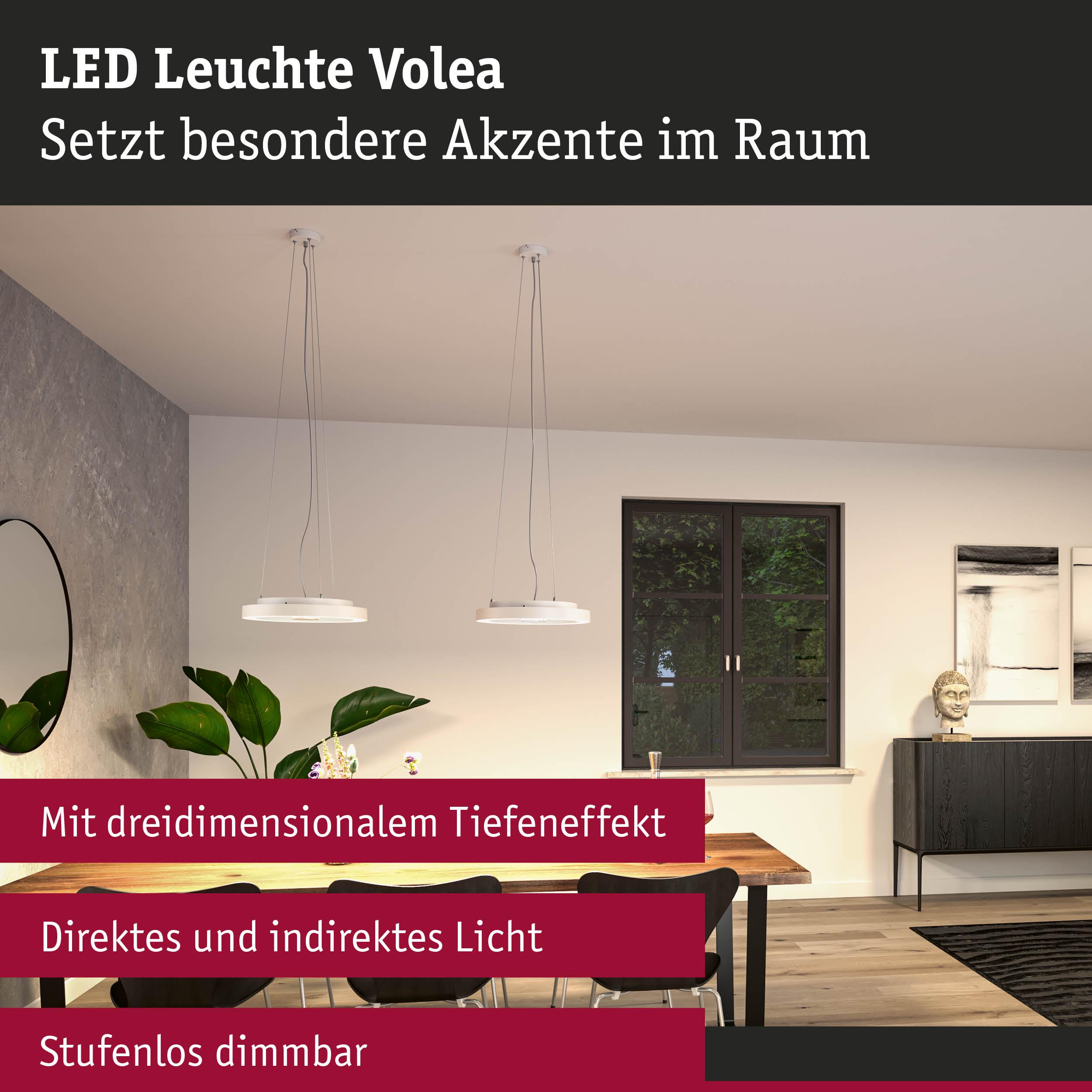 Modernes Esszimmer mit Volea LED-Leuchten, Holztisch und dunklen Stühlen.