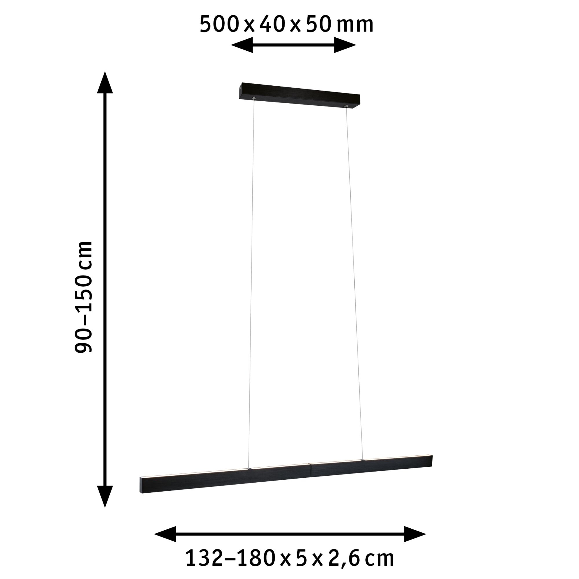 Poutre de plafond noire avec deux suspensions et dimensions.