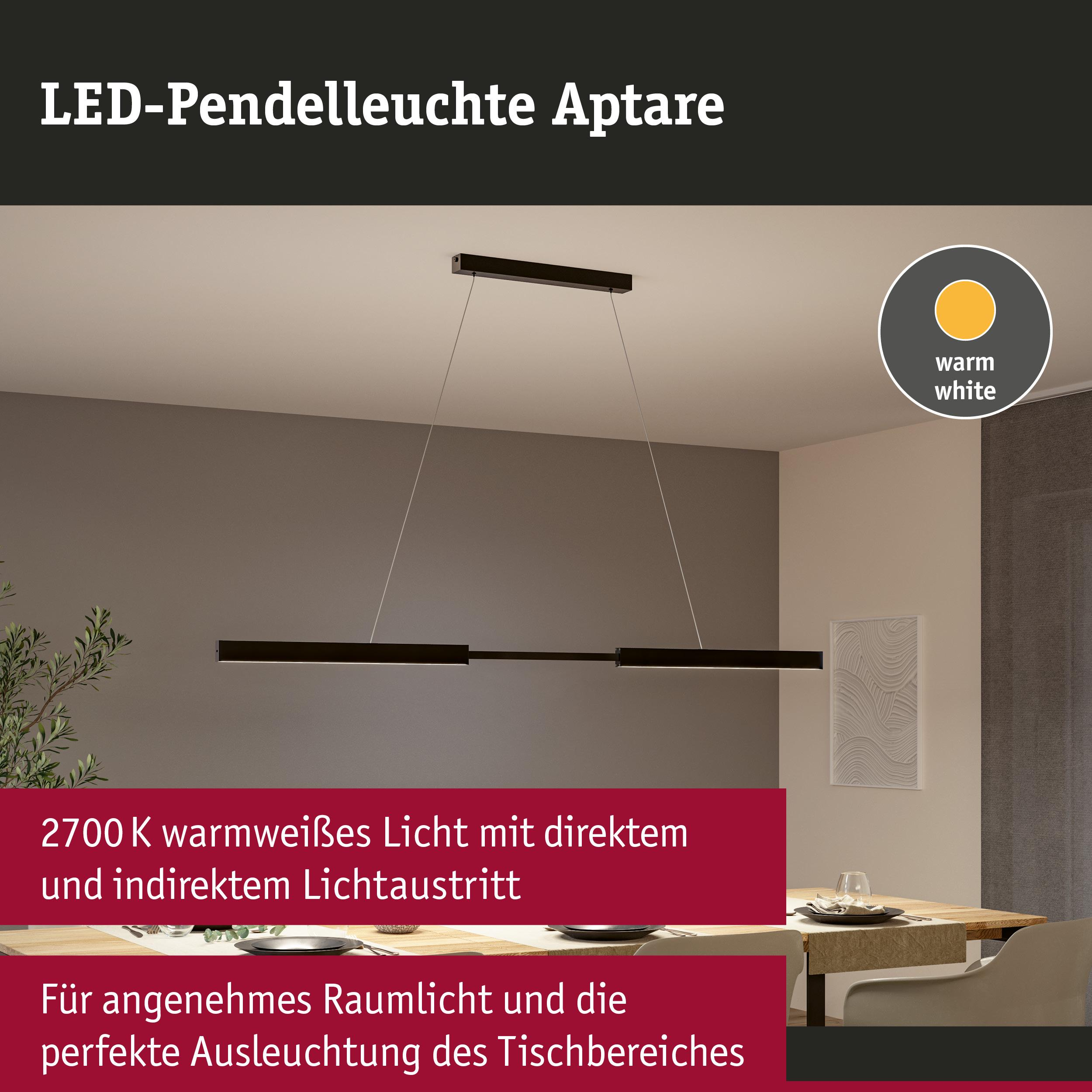 Plafonnier suspendu noir moderne au-dessus d'une table à manger, lumière blanc chaud.