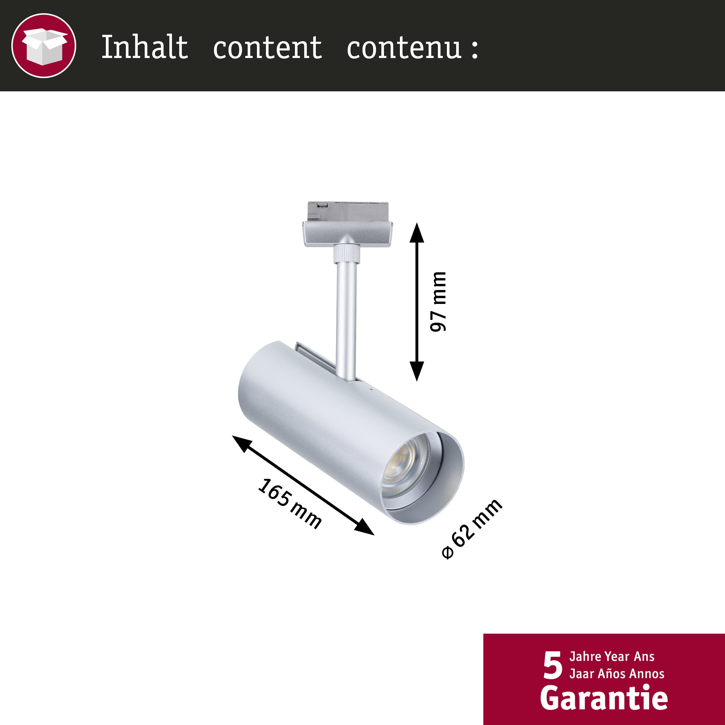 Silberner Strahler mit Maßen 165mm L, 97mm H, 62mm Ø. 5 Jahre Garantie.