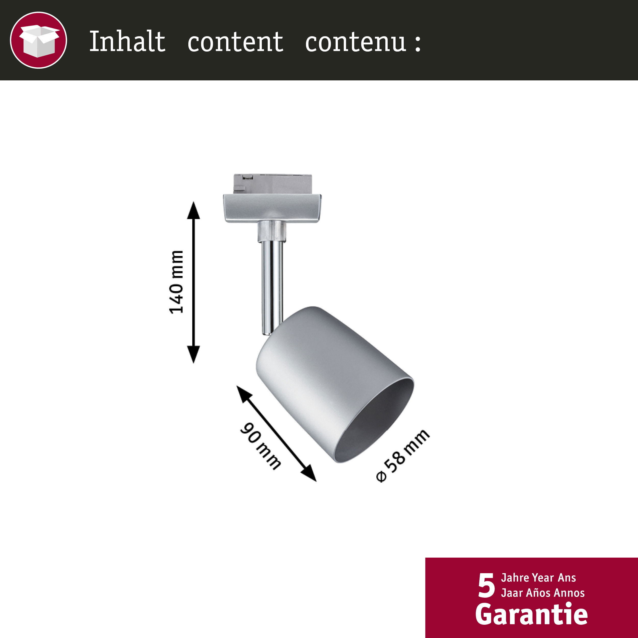 Faretti argento con misure 140x90mm, Ø 58mm. Garanzia 5 anni.