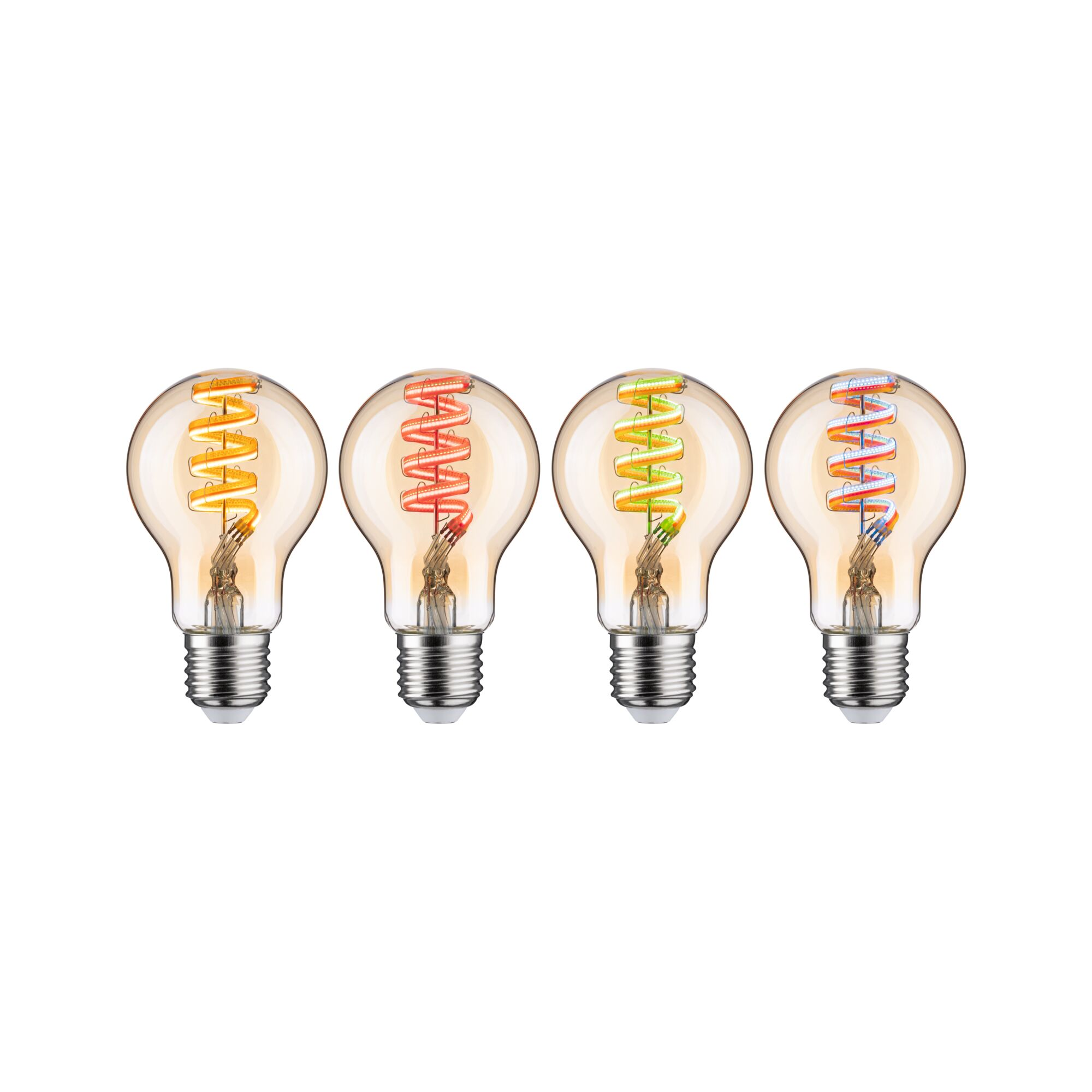 Vier Edison-Glühbirnen mit gewickelten LED-Filamenten in Gelb, Rot, Grün und Bunt.