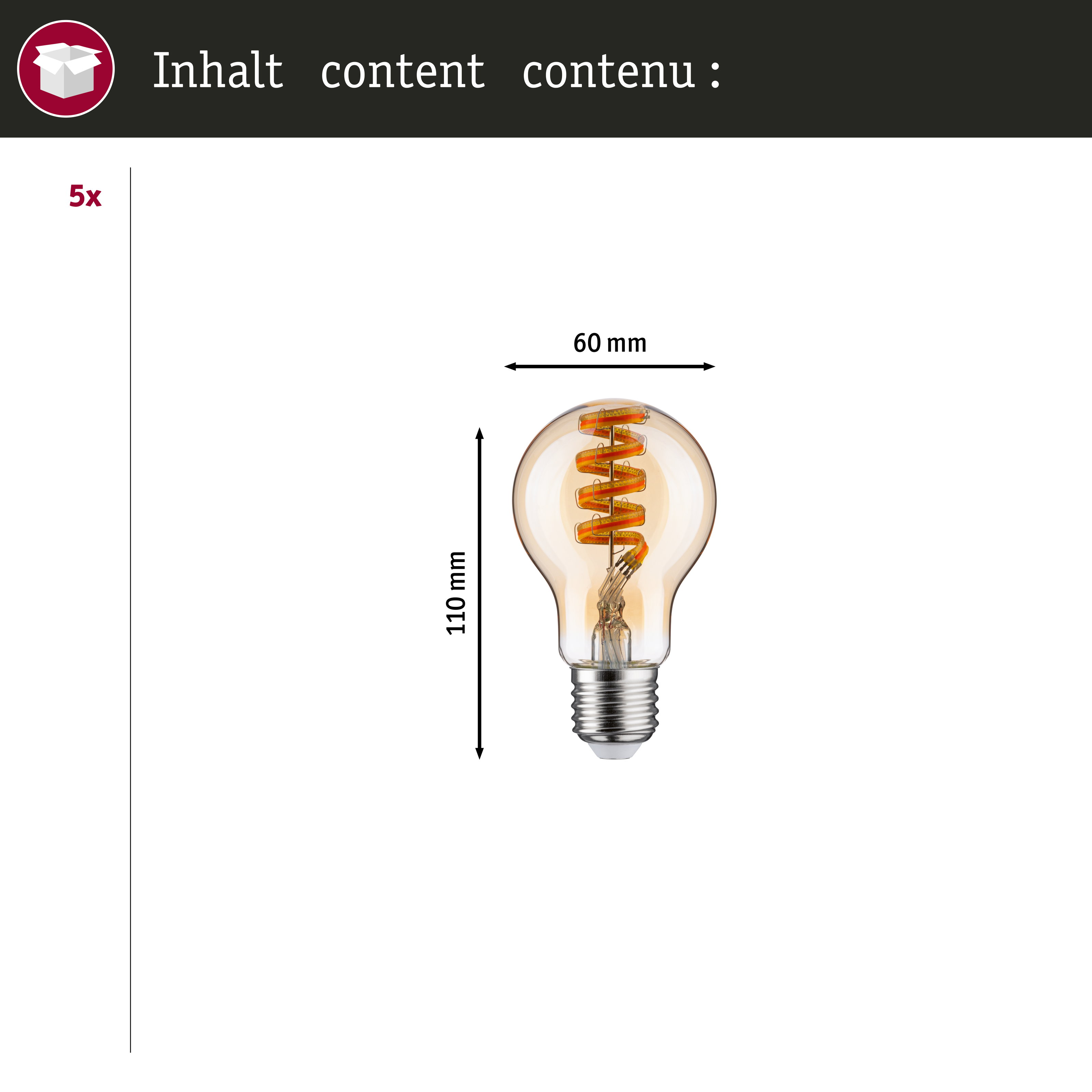 Amberfarbene Edison-Glühbirne mit spiraliger Glühwendel, 60 mm breit, 110 mm hoch.