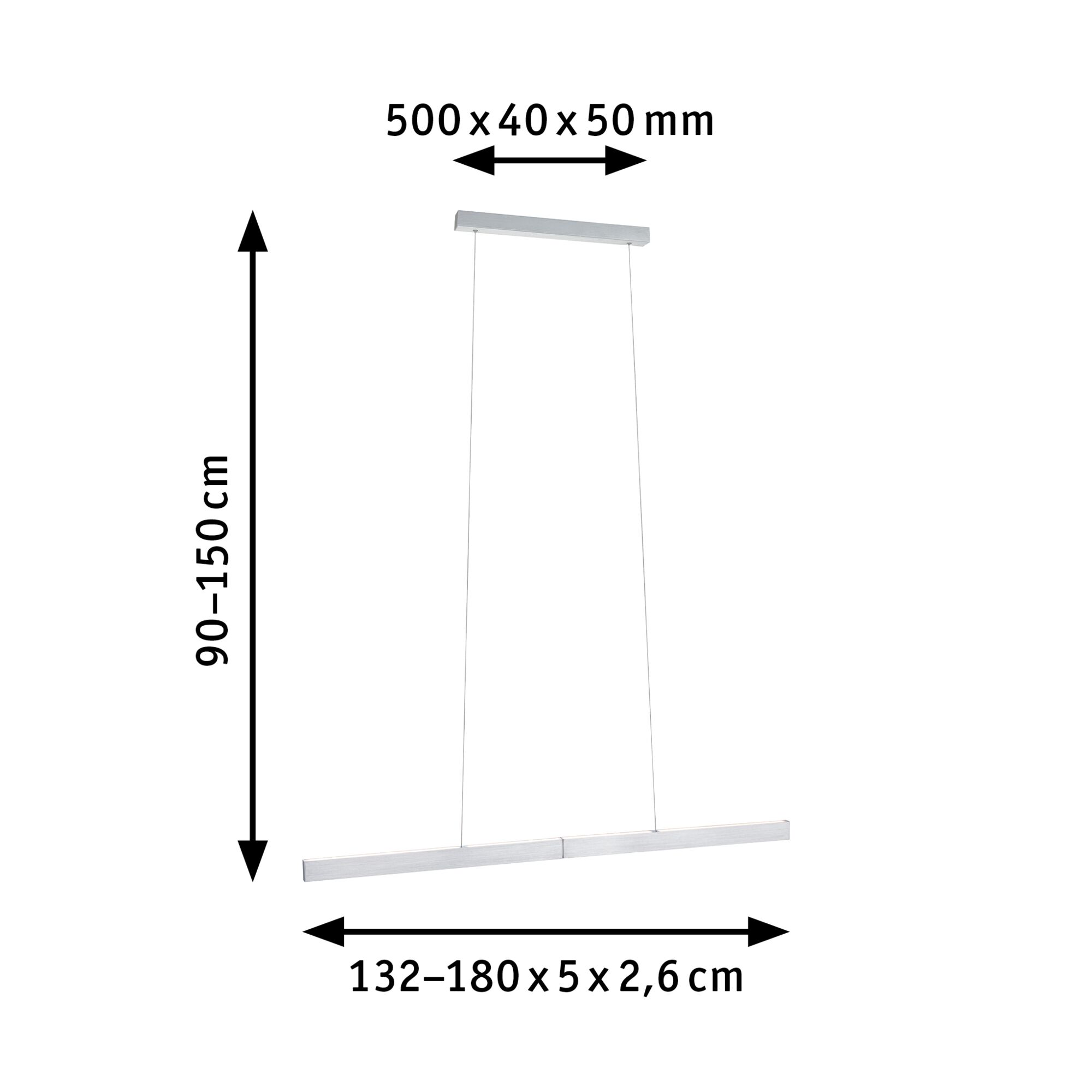 Un plafonnier avec des dimensions de 500x40x50 mm et une longueur réglable de 90-150 cm.