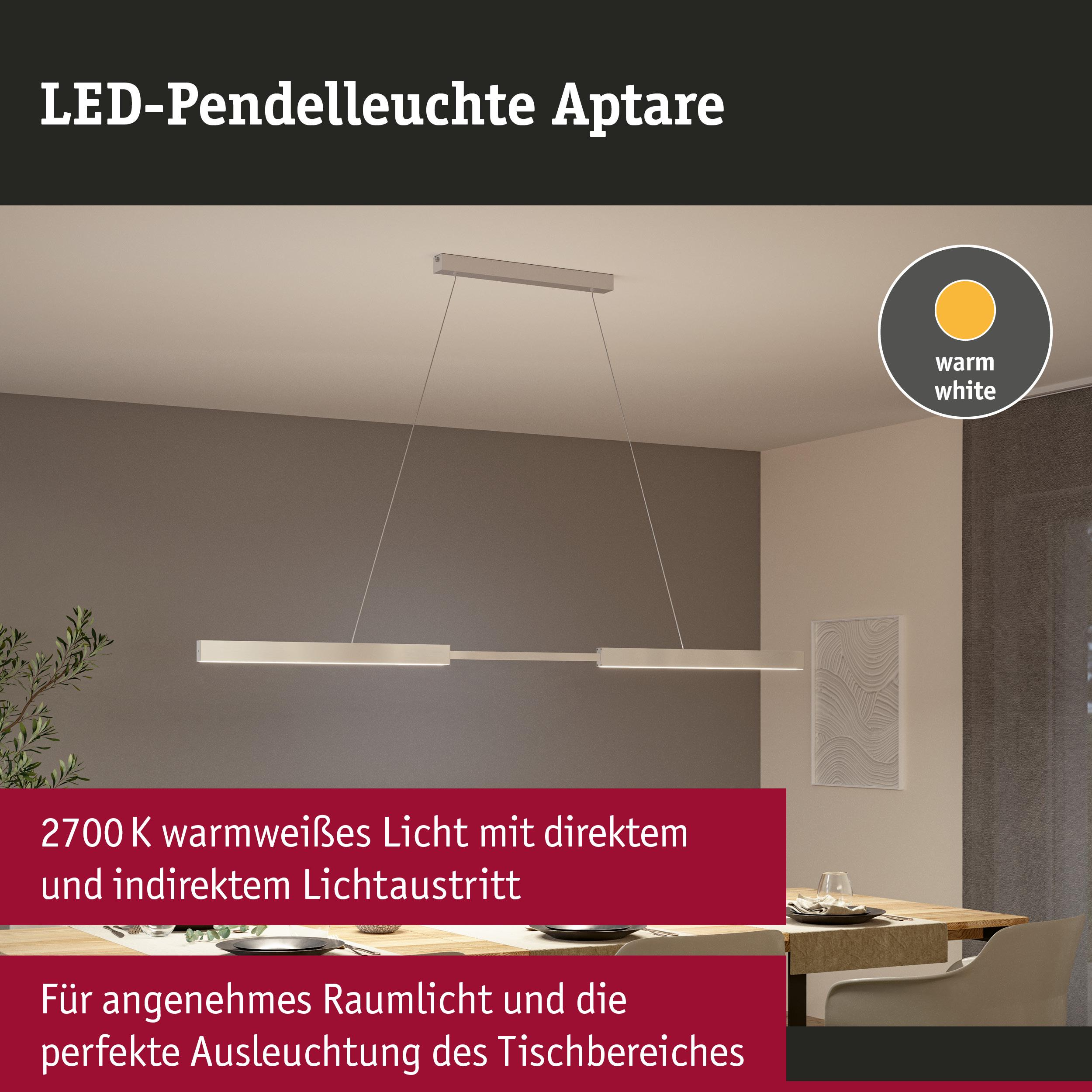 Une suspension LED moderne au-dessus d'une table à manger, émettant une lumière blanc chaud.