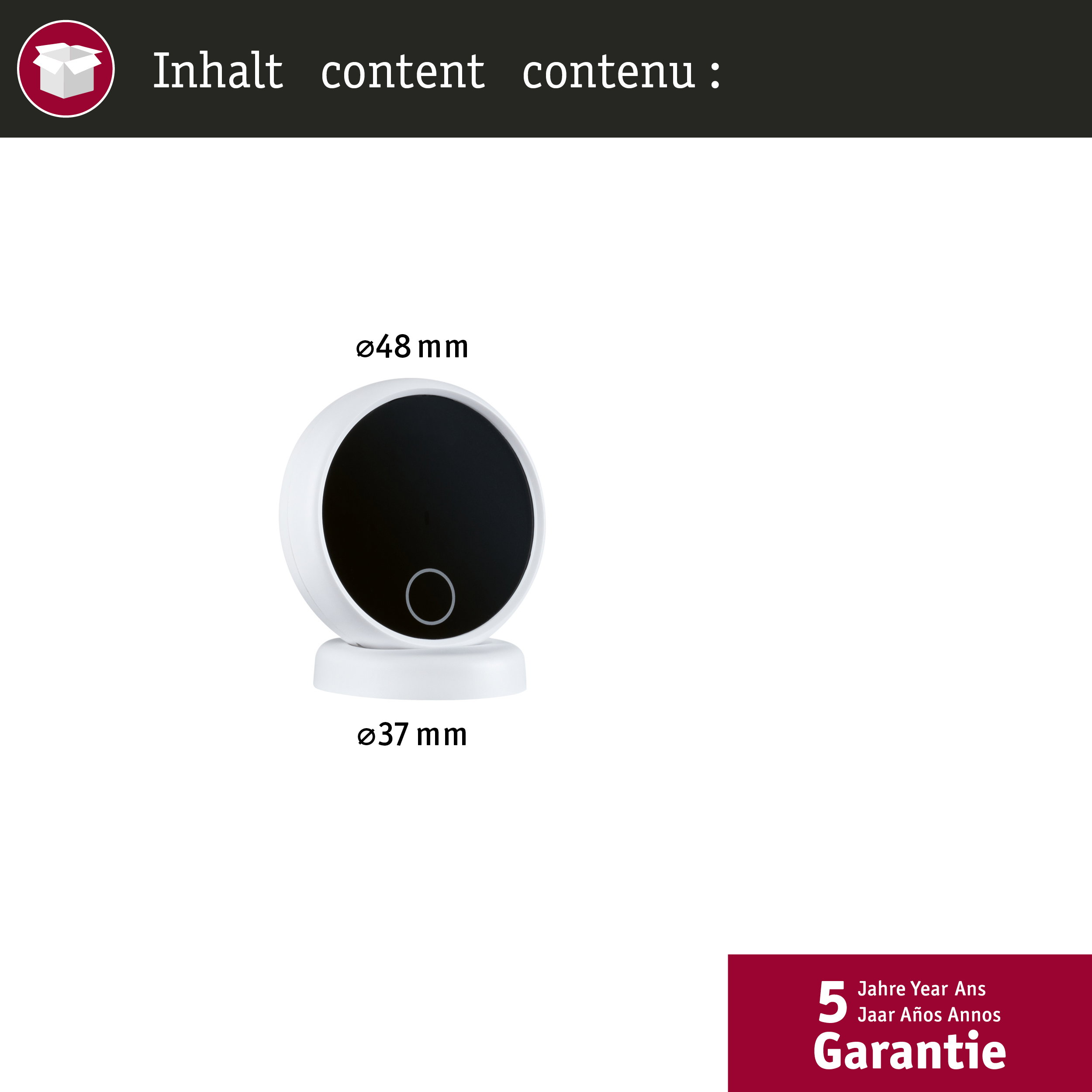 Ein weißes Gerät mit schwarzem Display und Ring, 48mm und 37mm Durchmesser.