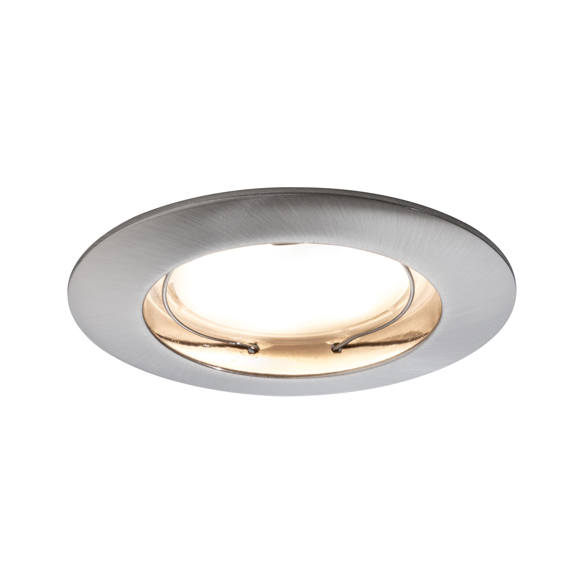 Okrągły reflektor wpuszczany z szczotkowanego metalu z białym źródłem światła.