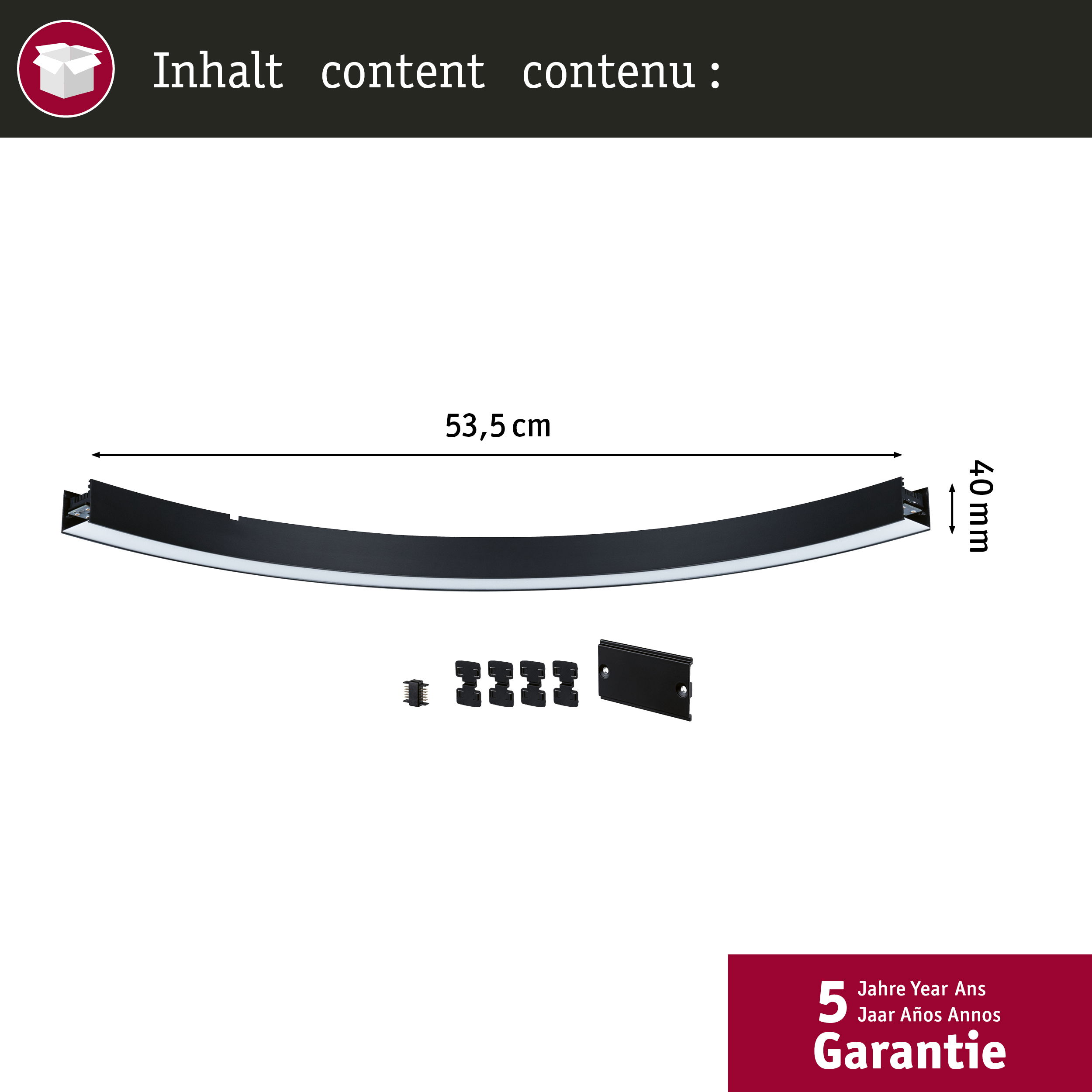 Zakrzywiony czarny profil z akcesoriami, długość 53,5 cm.